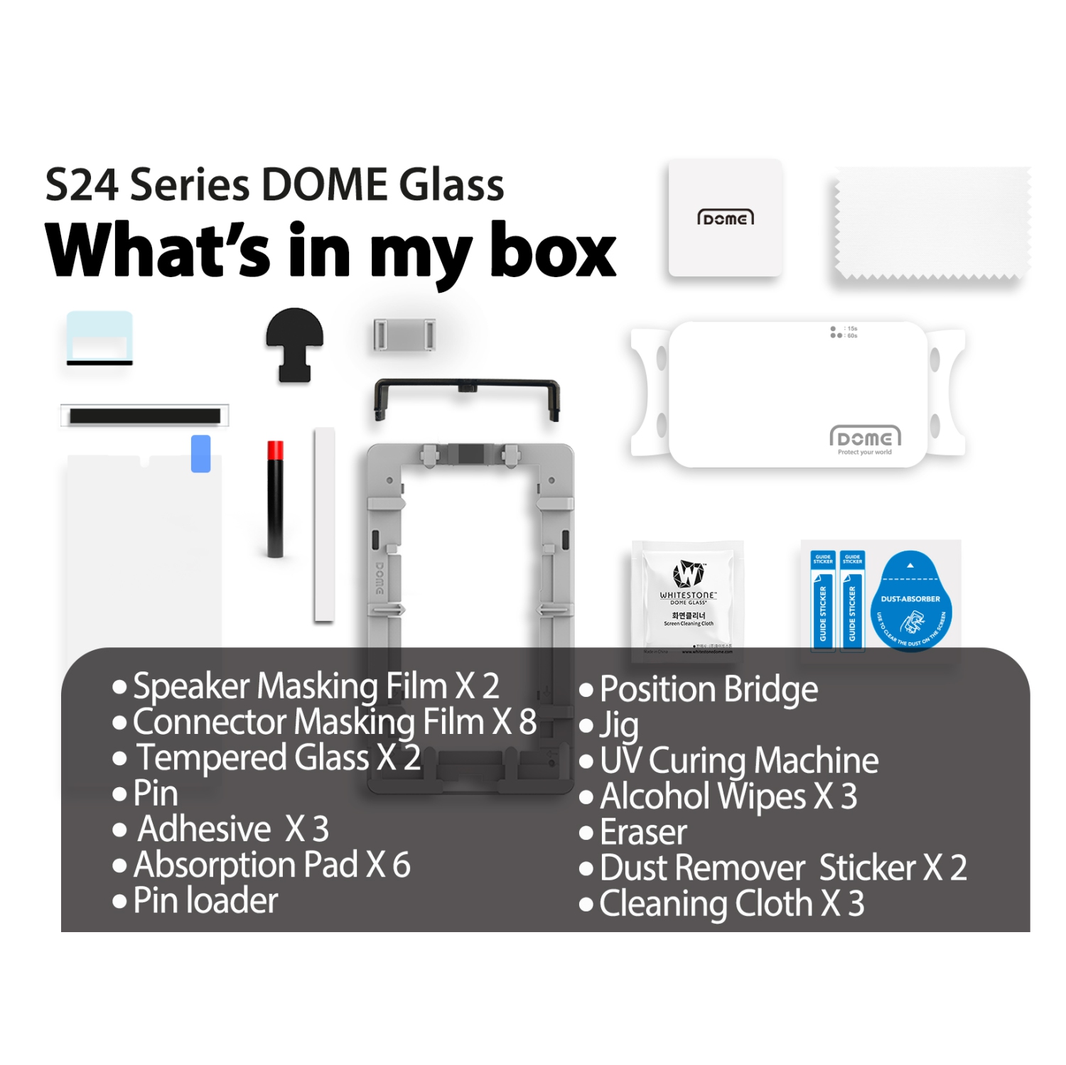 Whitestone DomeGlass Screen Protector for Galaxy S24 with UV Lamp [9H Tempered Glass, Bubble Free, Installation Kit] - 2 Pack