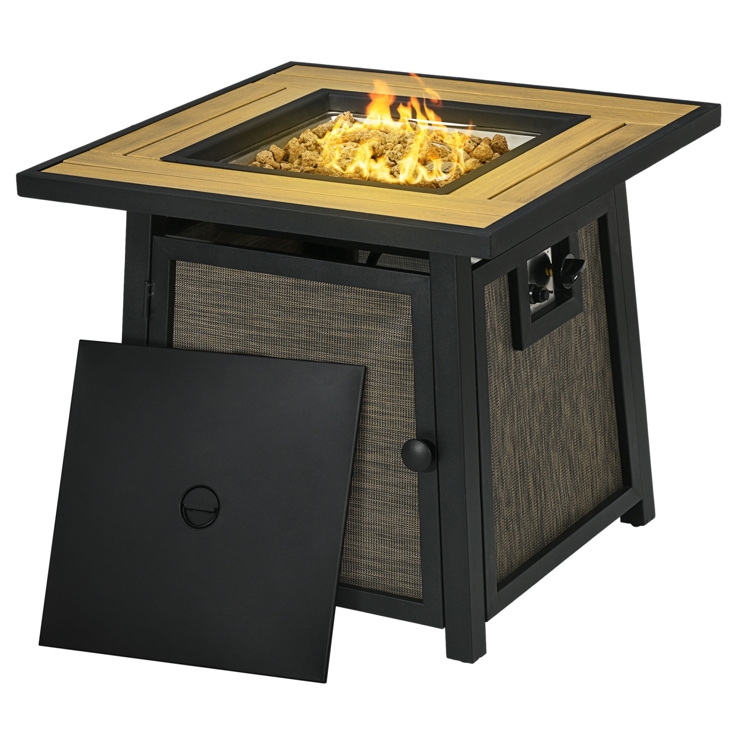 Outsunny 28" Propane Fire Pit Table, 50,000 BTU Propane Fire Table with Steel Tabletop and Lid, Square Gas Firepit Table with Pulse Ignition, Lava Rocks, Waterproof Cover, Brown