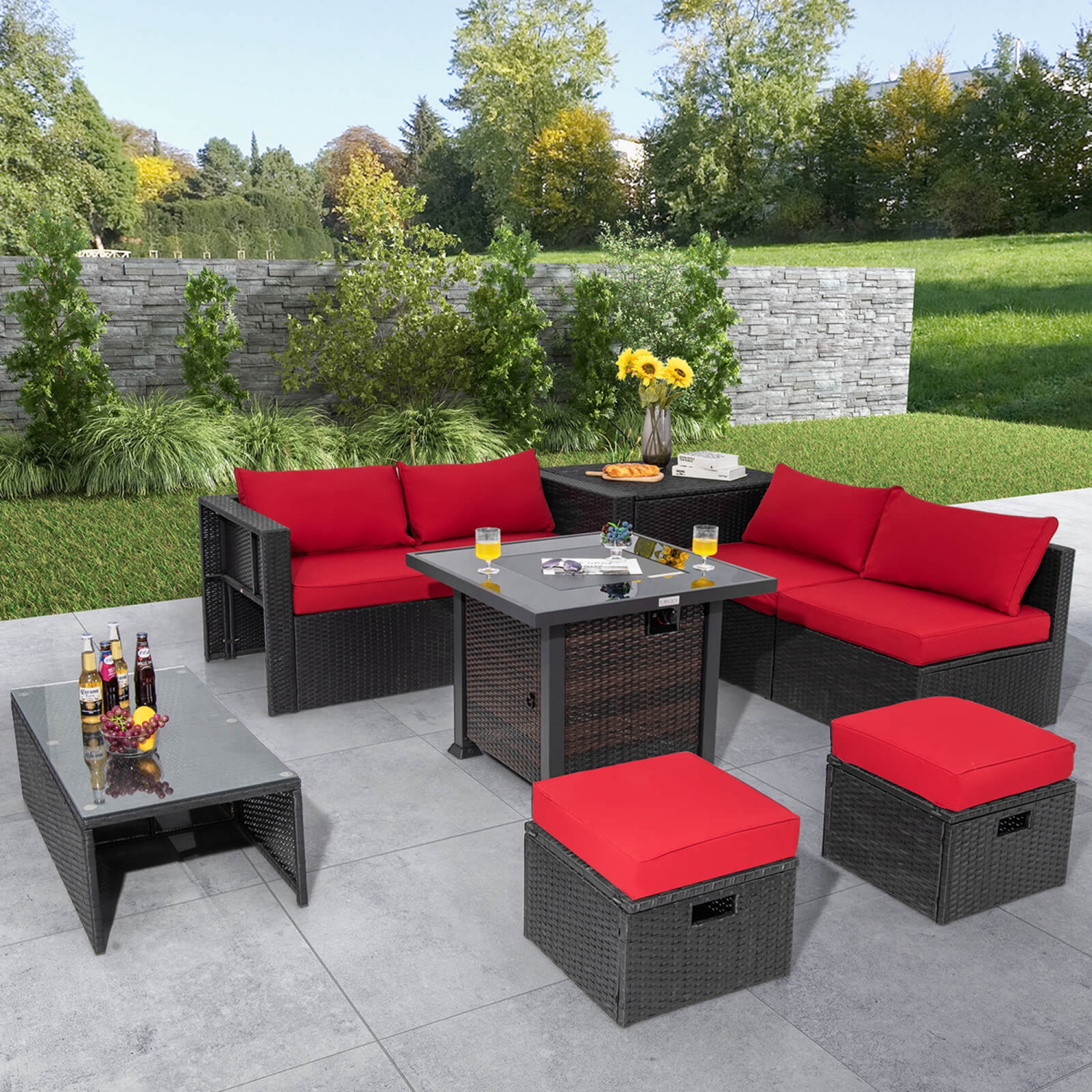 Costway 9 PCS Patio Furniture Set with 32" Fire Pit Table 50,000 BTU Square Propane Fire Pit
