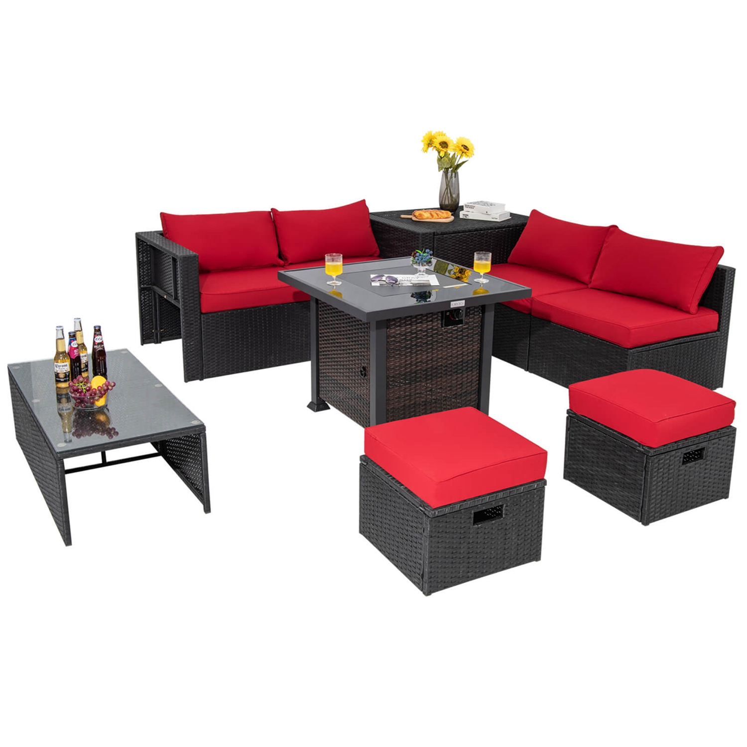 Costway 9 PCS Patio Furniture Set with 32" Fire Pit Table 50,000 BTU Square Propane Fire Pit