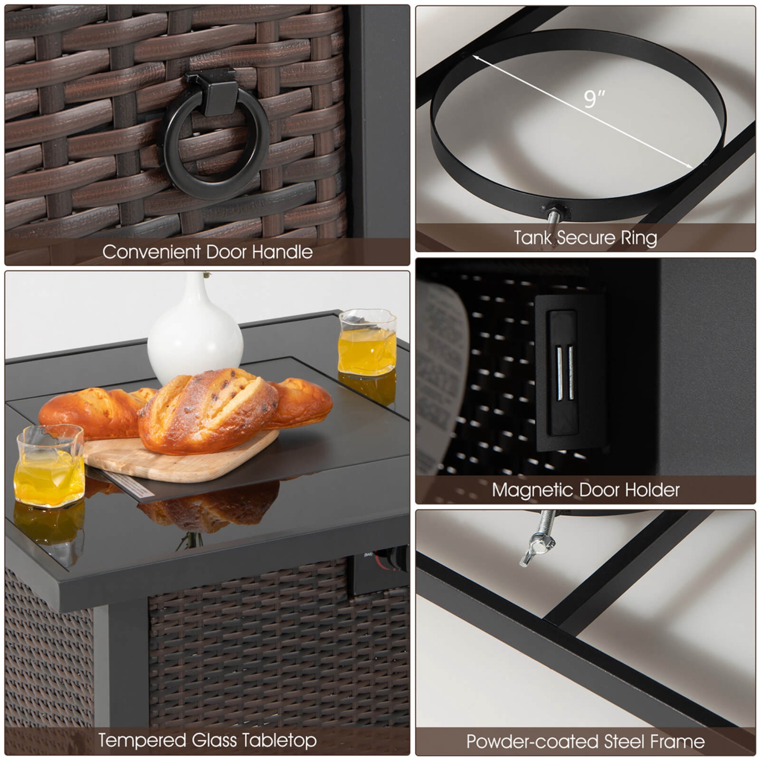 Ensemble de meubles de patio 9 pièces avec table à foyer 50.000 BTU carrée au propane de 32 po de Costway