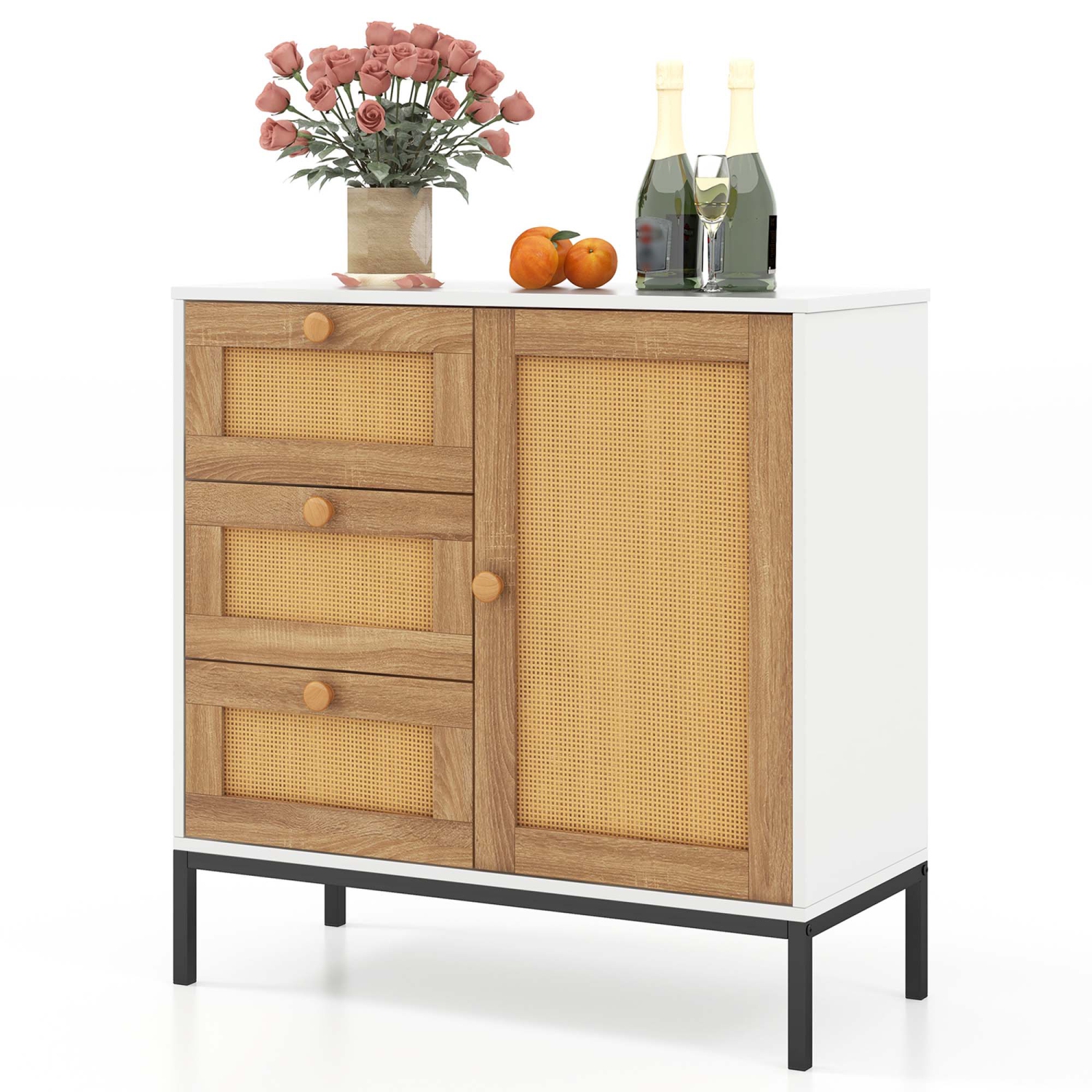 Costway Rattan Buffet Sideboard with 3 Drawers & 1 Door Sturdy Metal Legs Storage Cabinet