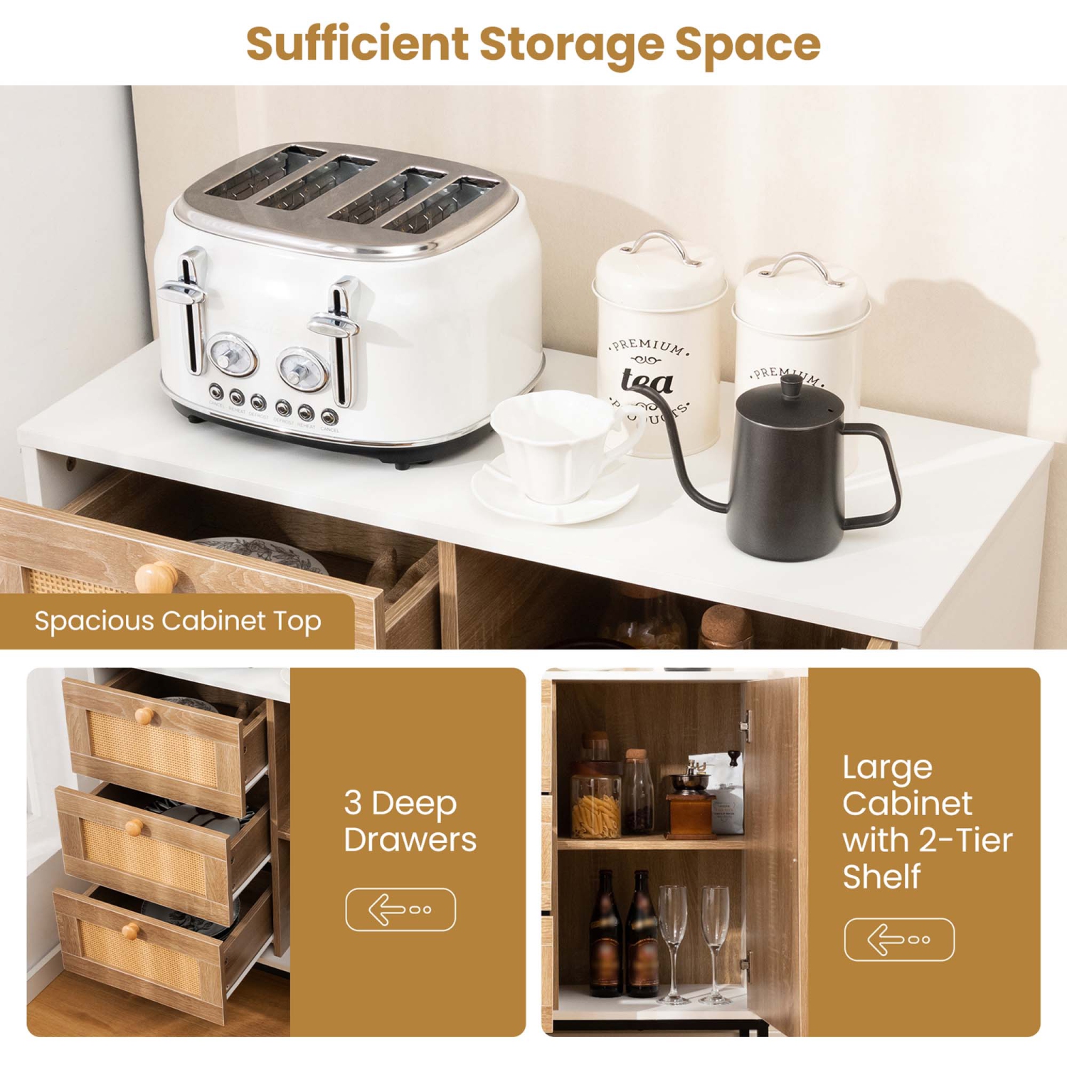 Costway Rattan Buffet Sideboard with 3 Drawers & 1 Door Sturdy Metal Legs Storage Cabinet