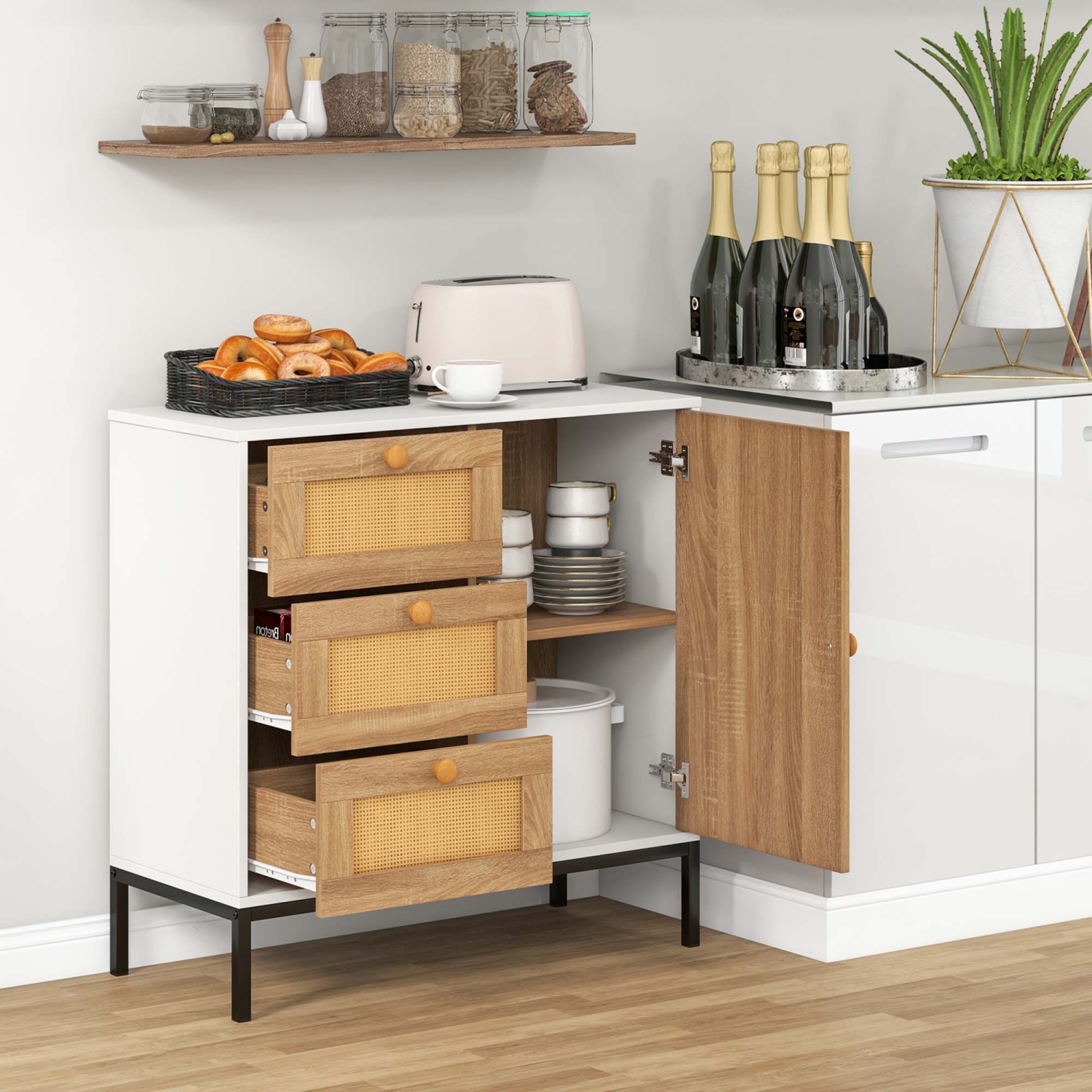 Costway Rattan Buffet Sideboard with 3 Drawers & 1 Door Sturdy Metal Legs Storage Cabinet