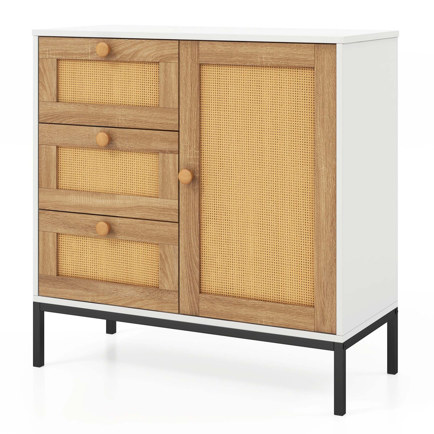 Costway Rattan Buffet Sideboard with 3 Drawers & 1 Door Sturdy Metal Legs Storage Cabinet