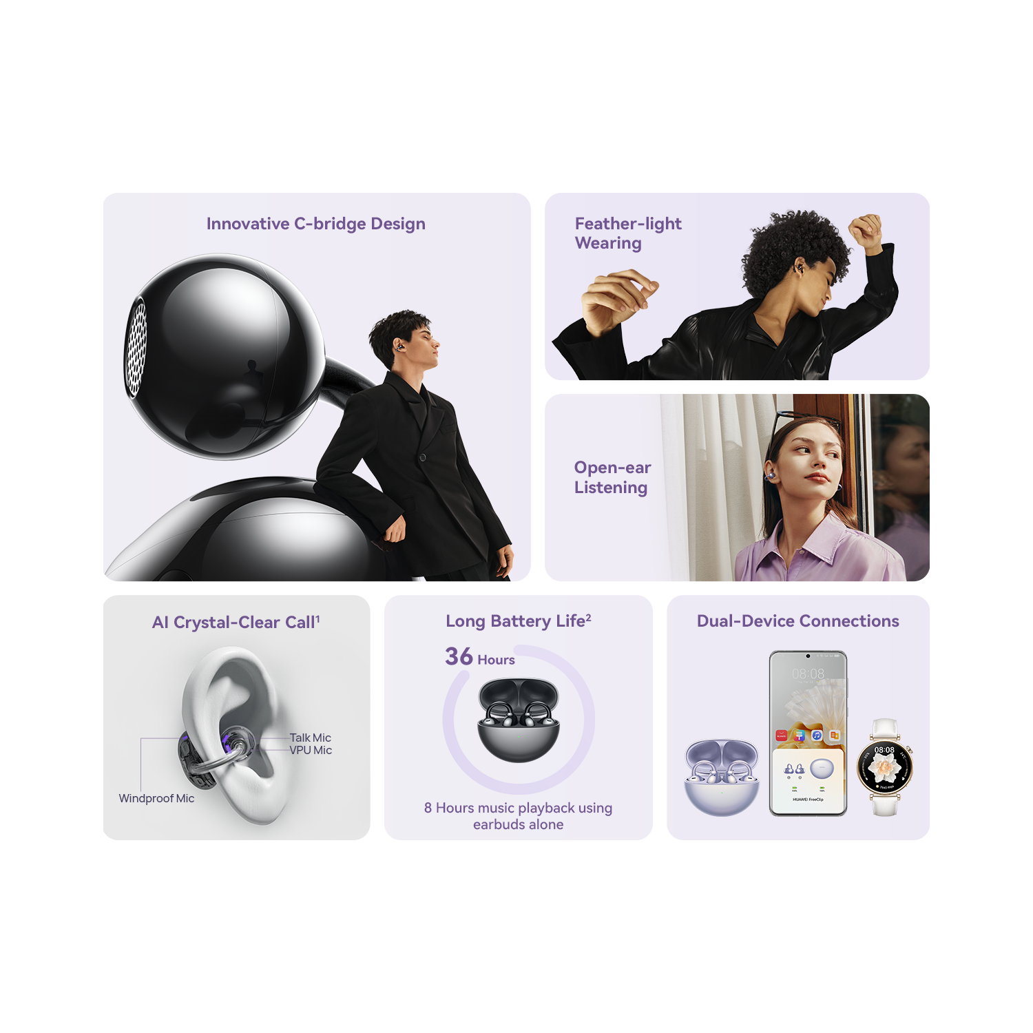 HUAWEI FreeClip, Open-Ear buds, Groundbreaking Aesthetic Design, Feather-Light Wearing, AI Crystal-Clear Call, Long Battery Life, Dual-Device