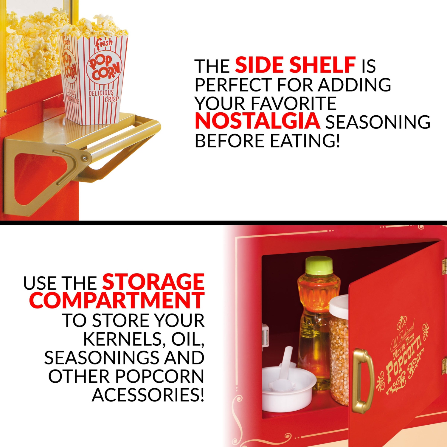 Nostalgia – Chariot à maïs soufflé rétro CCP510 de 53 po, bouilloire 8 oz, rouge