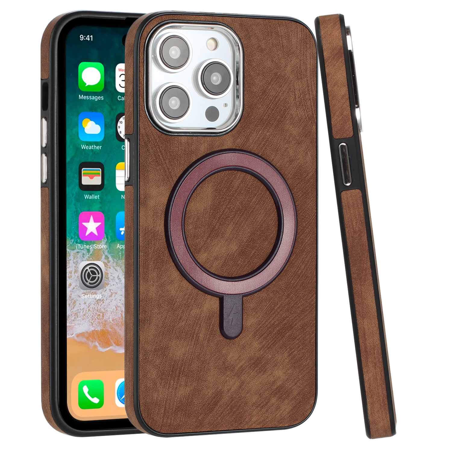Mobile Magic for iP15 Pro Max Fashion PU Vegan Chrome Edged Case Cover - Brown