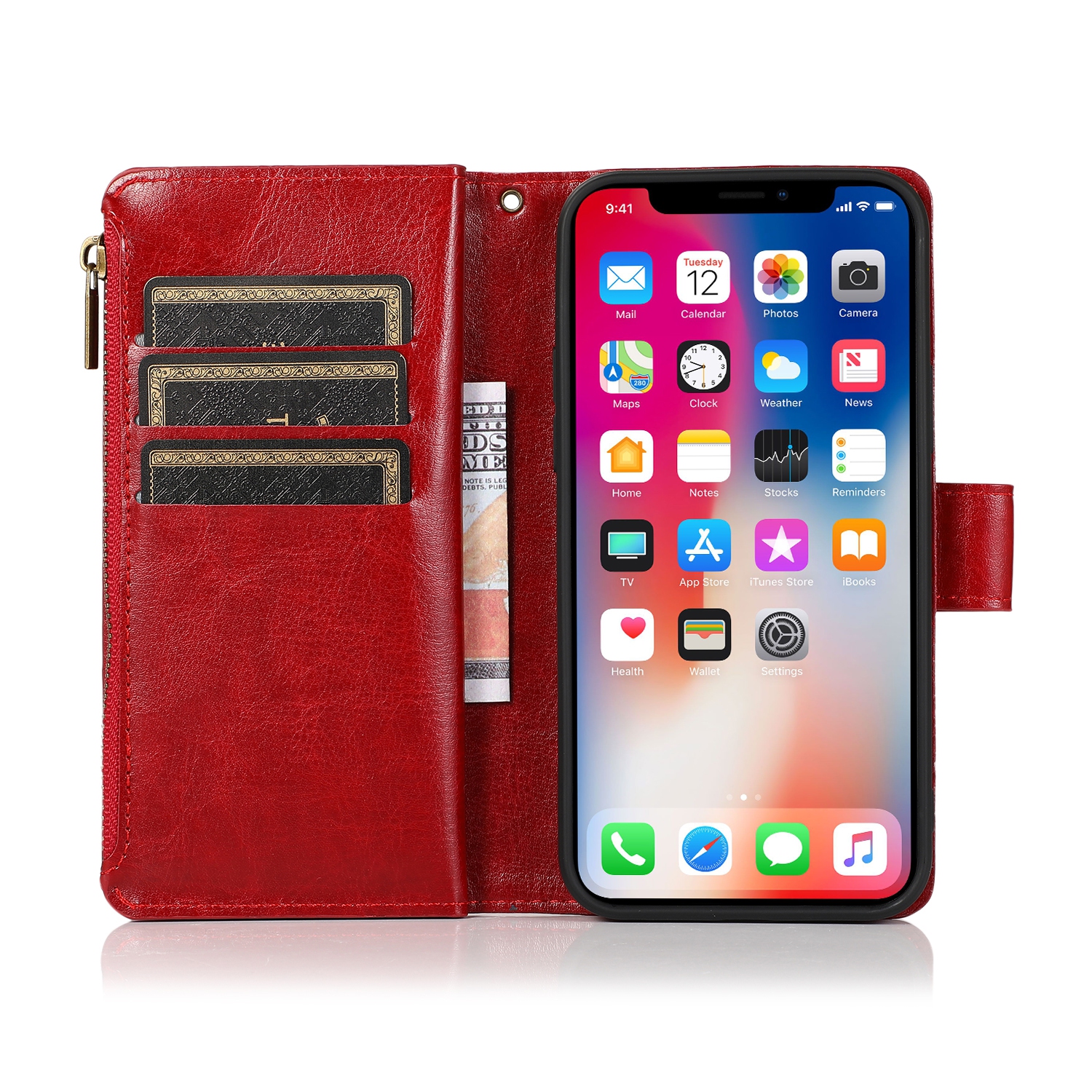 Mobile Magic for iP15 Pro Max Luxury Wallet Card ID Zipper Money Holder Case Cover - Red