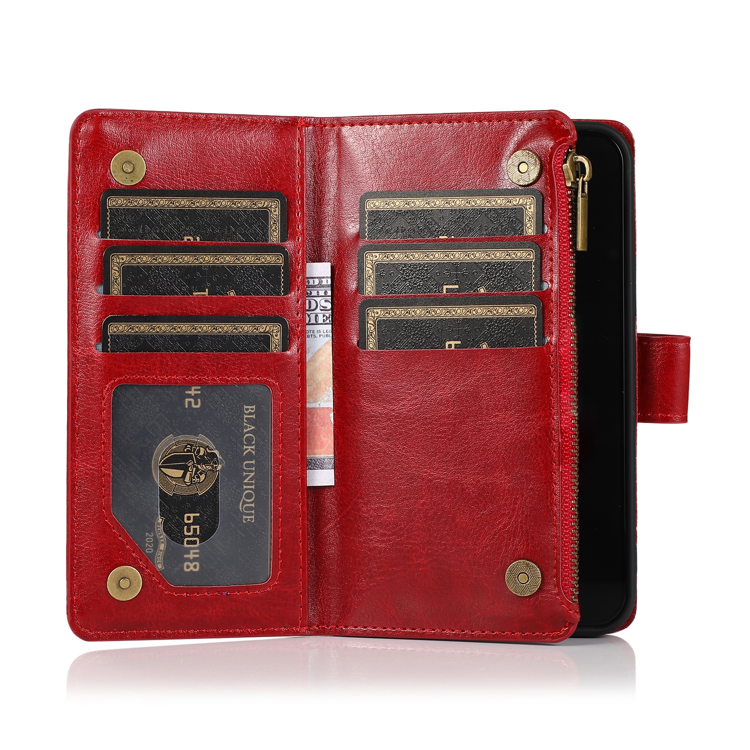 Mobile Magic for iP15 Pro Max Luxury Wallet Card ID Zipper Money Holder Case Cover - Red