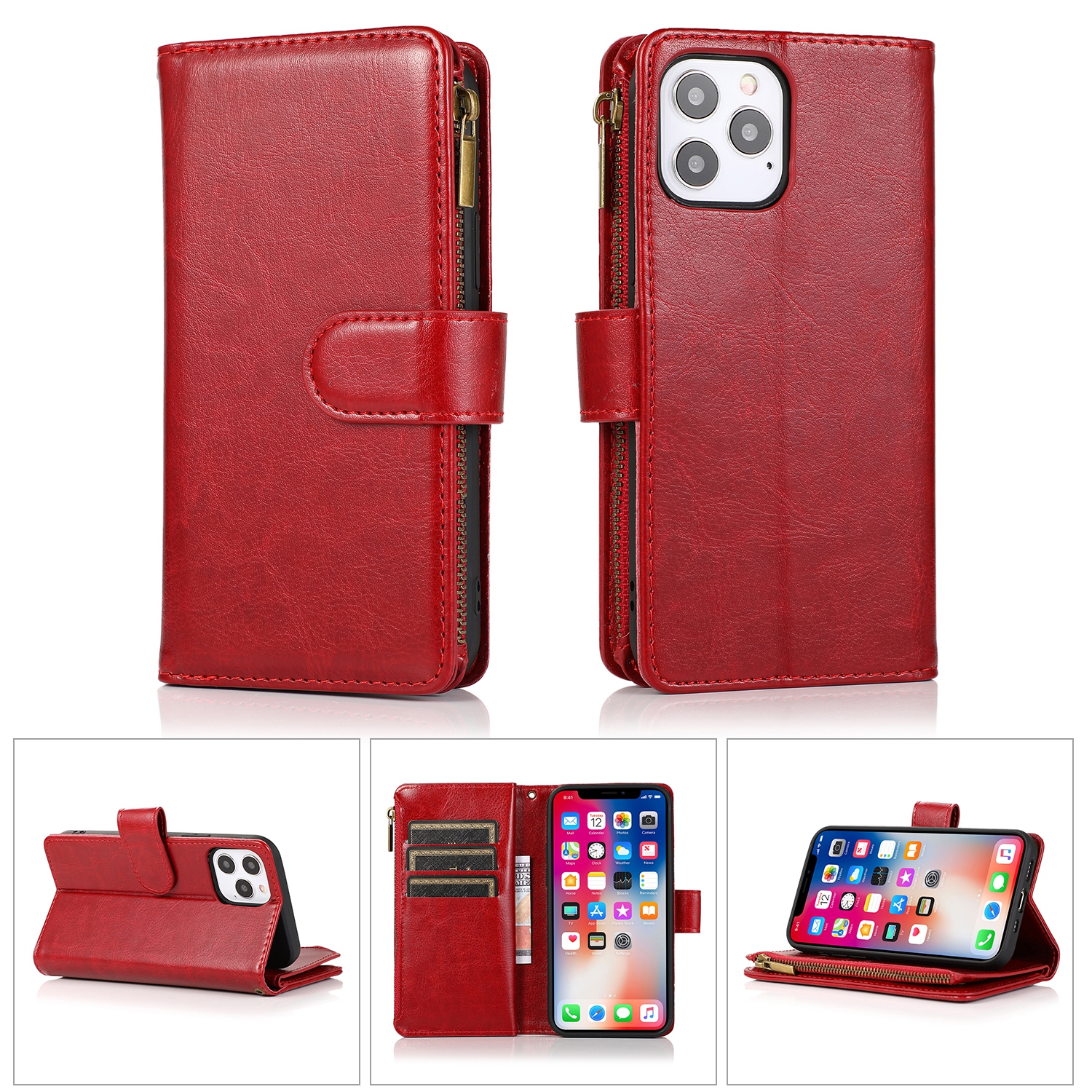 Mobile Magic for iP15 Pro Max Luxury Wallet Card ID Zipper Money Holder Case Cover - Red