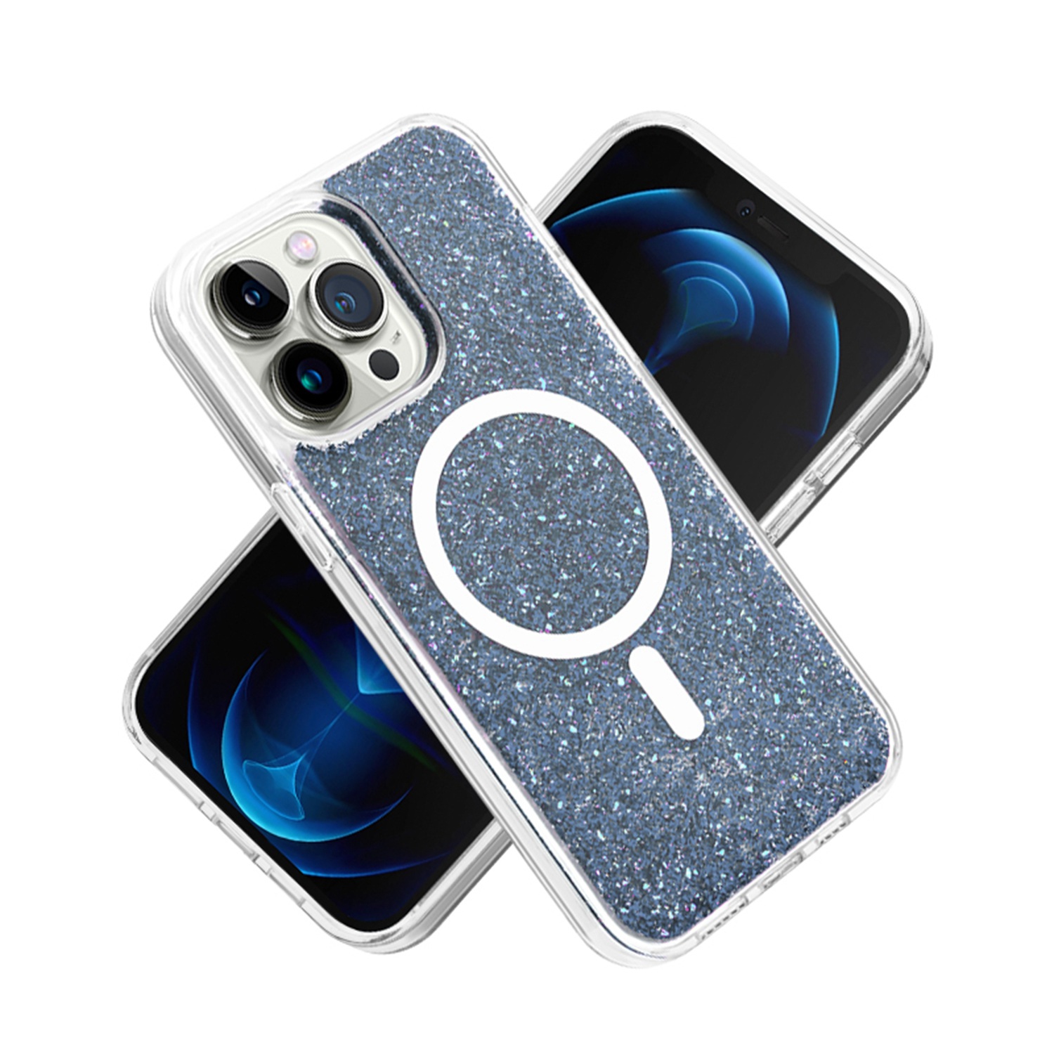 Mobile Magic for iP15 Pro Max Epoxy Glitter [Magnetic Circle] ShockProof Hybrid 2.5mm Thick - Black