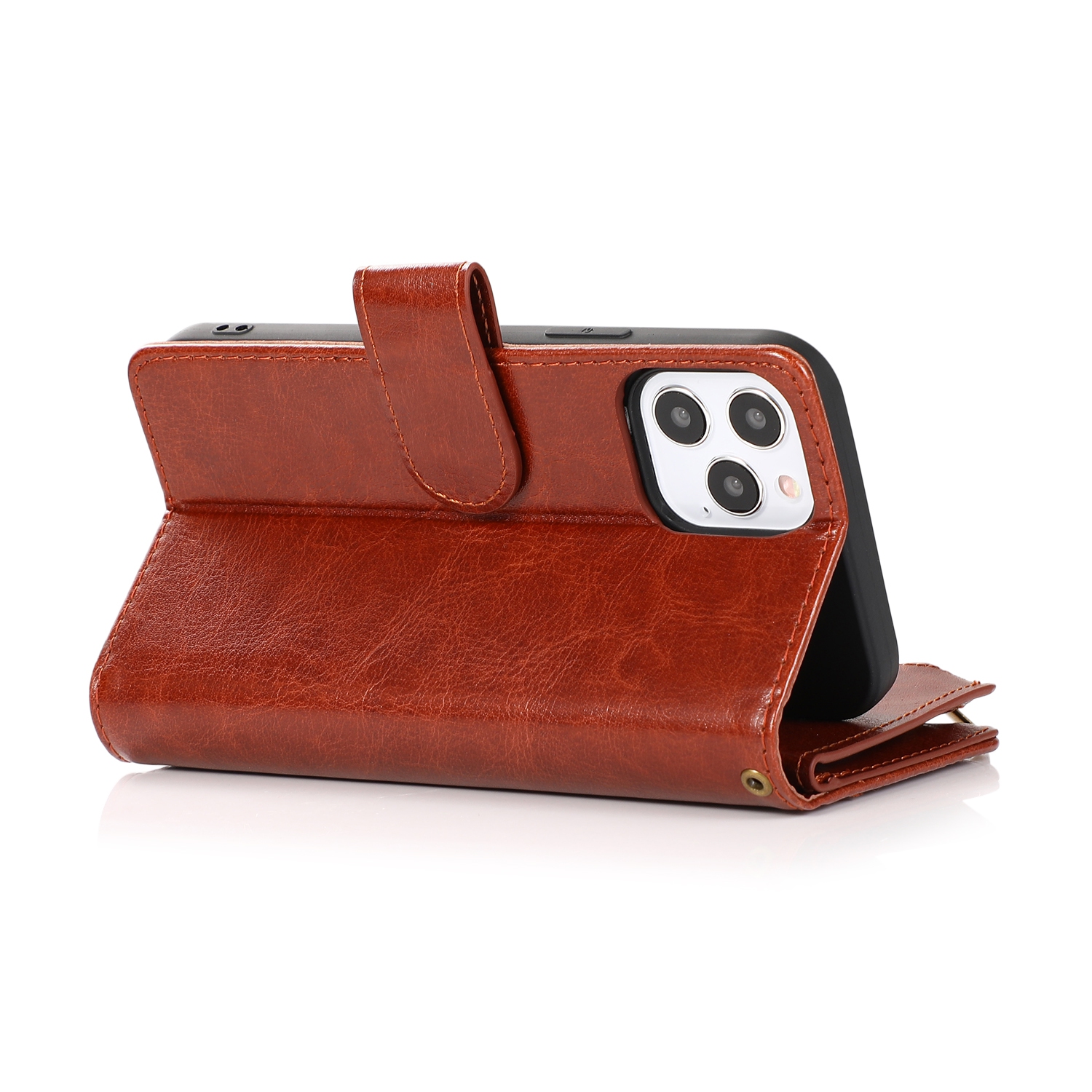 Mobile Magic for iPhone 15 Pro Luxury Wallet Card ID Zipper Money Holder Case Cover - Brown