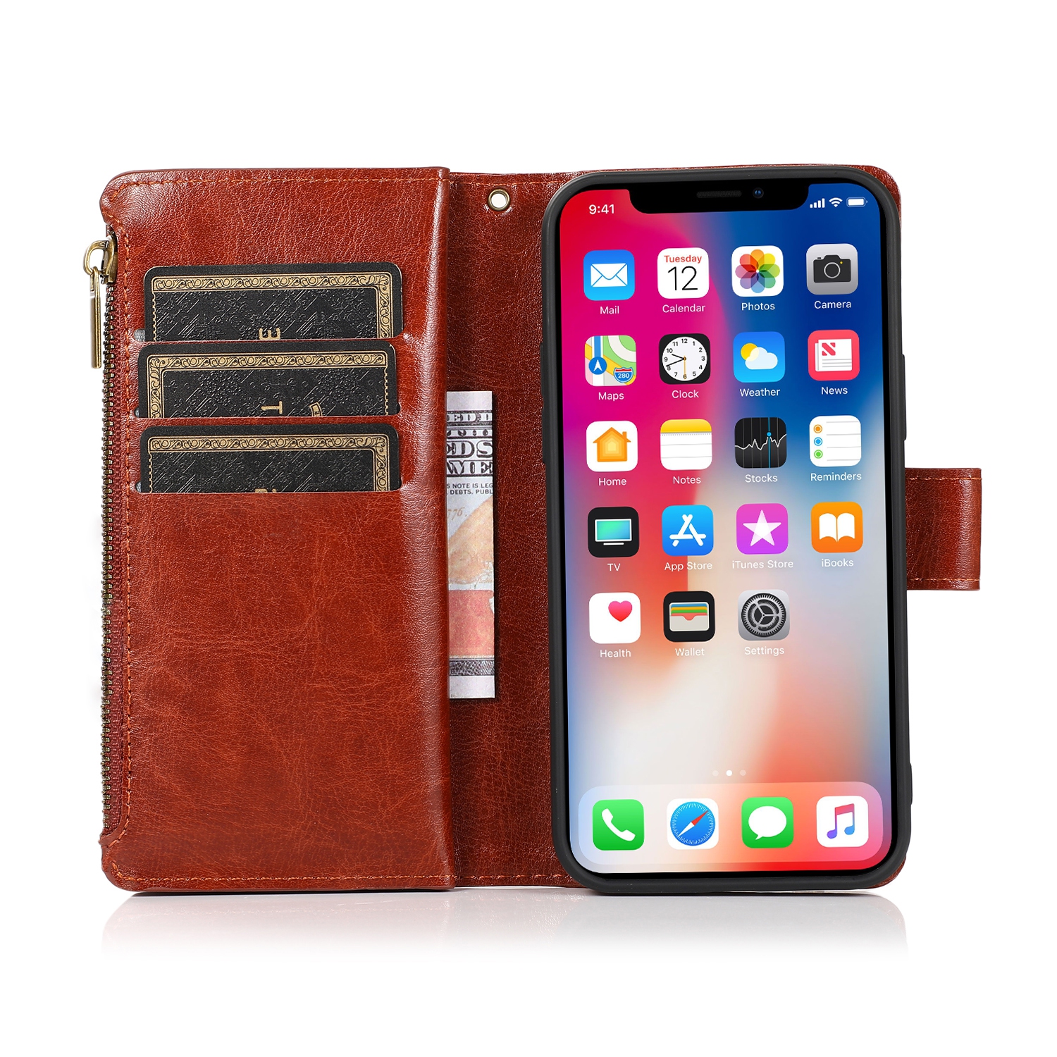 Mobile Magic for iPhone 15 Pro Luxury Wallet Card ID Zipper Money Holder Case Cover - Brown