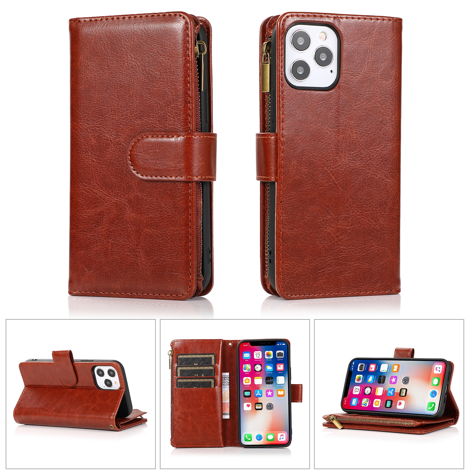 Mobile Magic for iPhone 15 Pro Luxury Wallet Card ID Zipper Money Holder Case Cover - Brown
