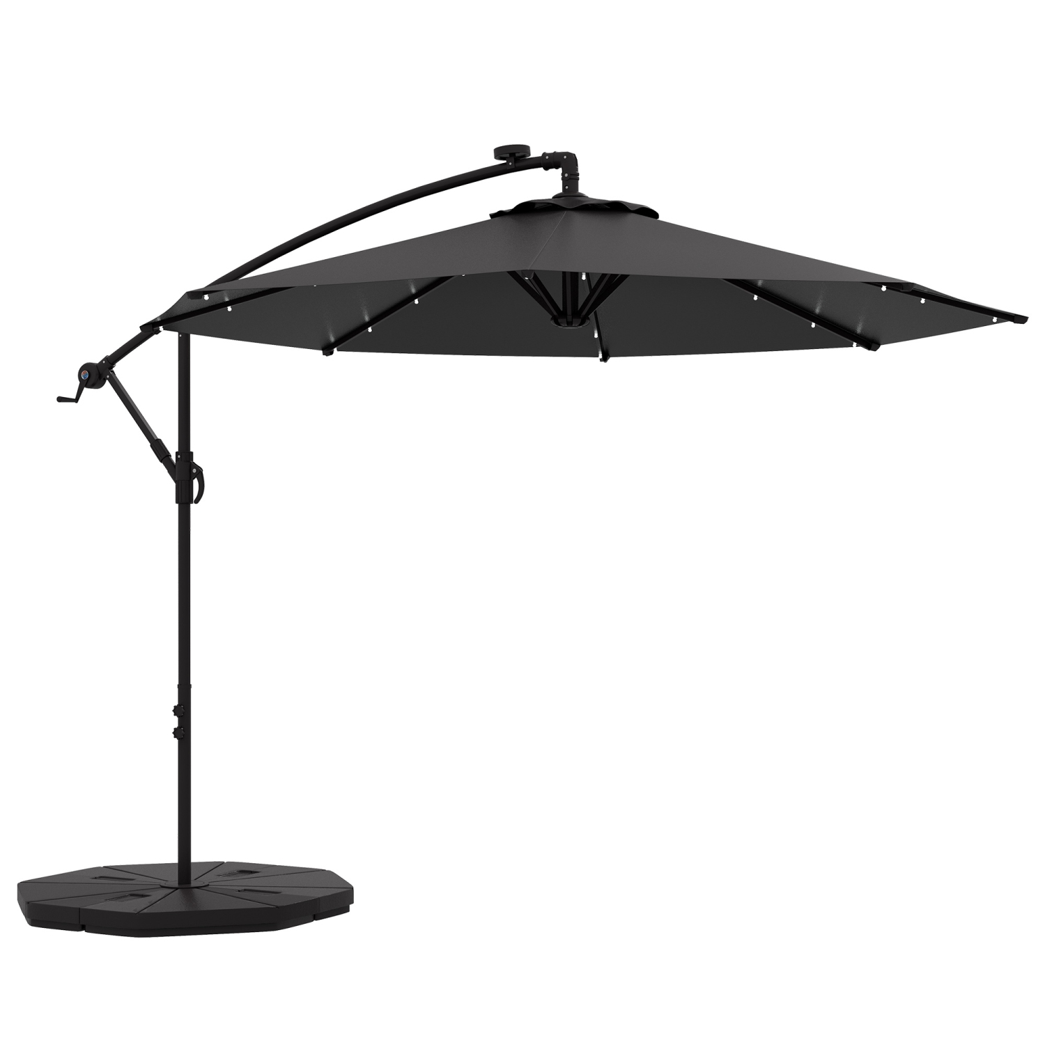 Parasol de jardin Outsunny de 9,5 pi à cantilever avec lumières et base lestée, parasol de jardin Solar LED, auvent extérieur en saillie, gris foncé