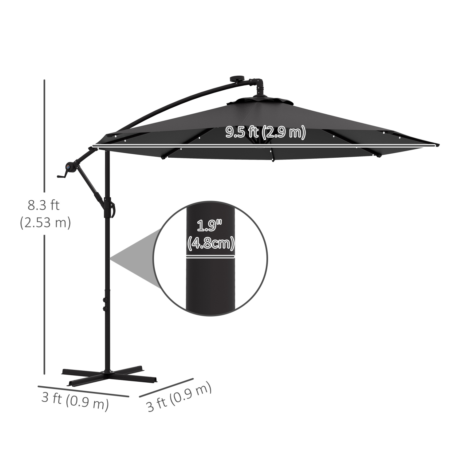 Parasol de jardin Outsunny de 9,5 pi à cantilever avec lumières et base lestée, parasol de jardin Solar LED, auvent extérieur en saillie, gris foncé