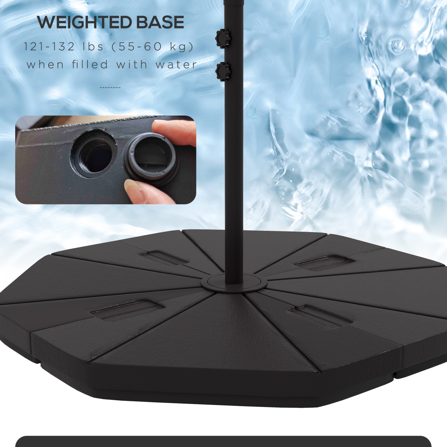 Parasol de jardin Outsunny de 9,5 pi à cantilever avec lumières et base lestée, parasol de jardin Solar LED, auvent extérieur en saillie, gris foncé