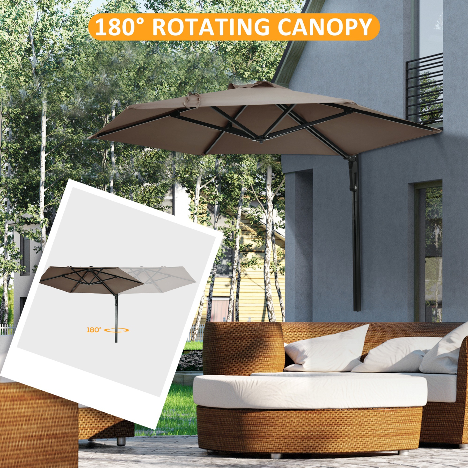 Outsunny 8 ft Wall-Mounted Parasol with Aluminum Pole, 180° Rotatable Wall Patio Umbrella, Adjustable Sunshade for Outdoor, Garden, Balcony, Yard,