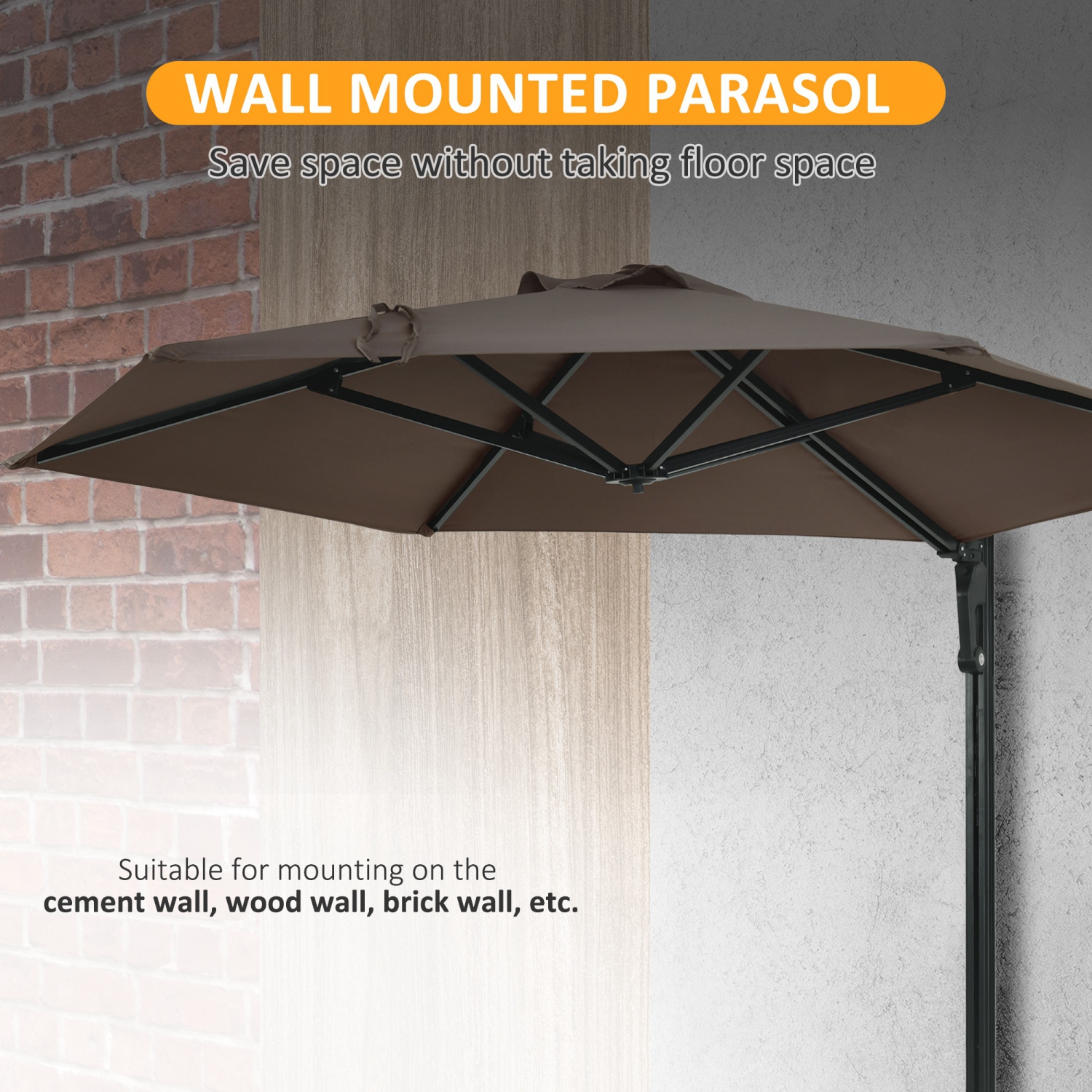 Outsunny 8 ft Wall-Mounted Parasol with Aluminum Pole, 180° Rotatable Wall Patio Umbrella, Adjustable Sunshade for Outdoor, Garden, Balcony, Yard,