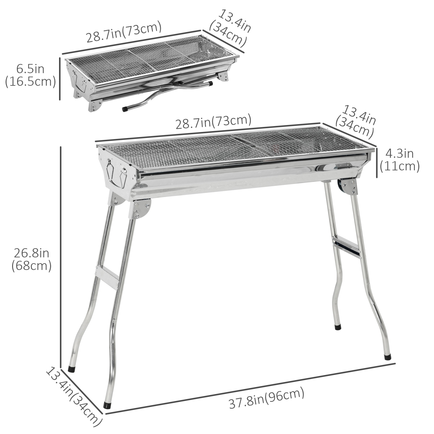 Outsunny Portable Outdoor Charcoal BBQ Grill, Stainless Steel Folding Barbecue Grill with Handles for Outdoor, Cooking, Camping, Picnic