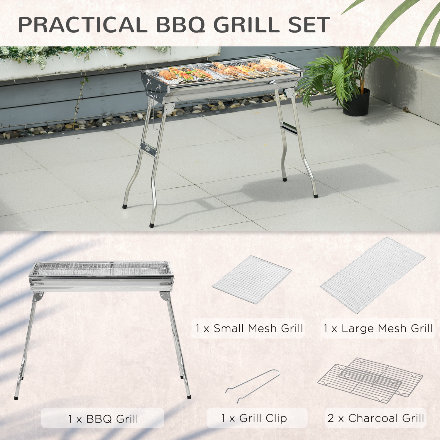 Outsunny Portable Outdoor Charcoal BBQ Grill, Stainless Steel Folding Barbecue Grill with Handles for Outdoor, Cooking, Camping, Picnic