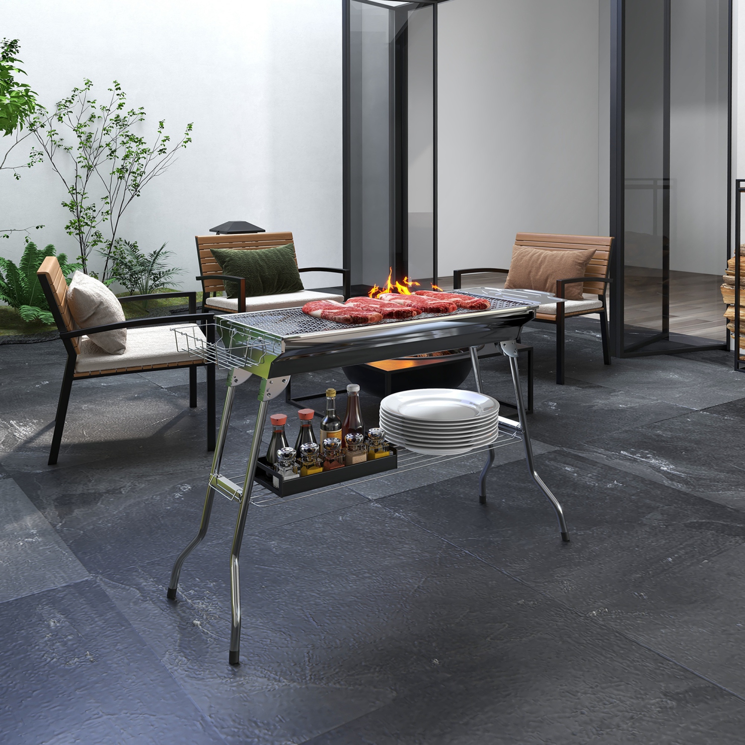 Outsunny Portable Outdoor Charcoal BBQ Grill, Stainless Steel Folding Barbecue Grill with Shelf, Side Basket and Pan for Cooking, Camping, Picnic,