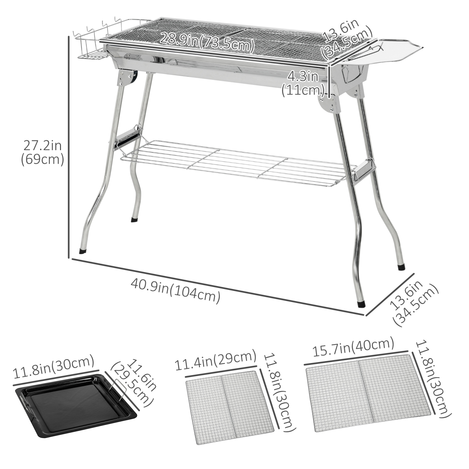 Outsunny Portable Outdoor Charcoal BBQ Grill, Stainless Steel Folding Barbecue Grill with Shelf, Side Basket and Pan for Cooking, Camping, Picnic,