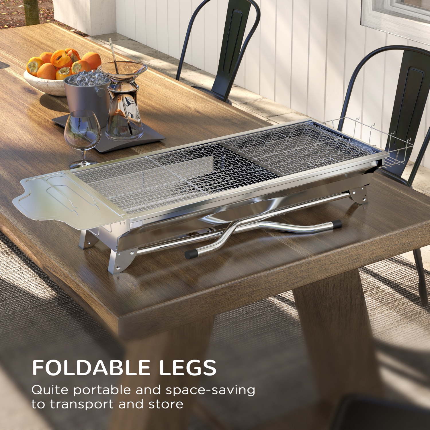 Outsunny Portable Outdoor Charcoal BBQ Grill, Stainless Steel Folding Barbecue Grill with Shelf, Side Basket and Pan for Cooking, Camping, Picnic,