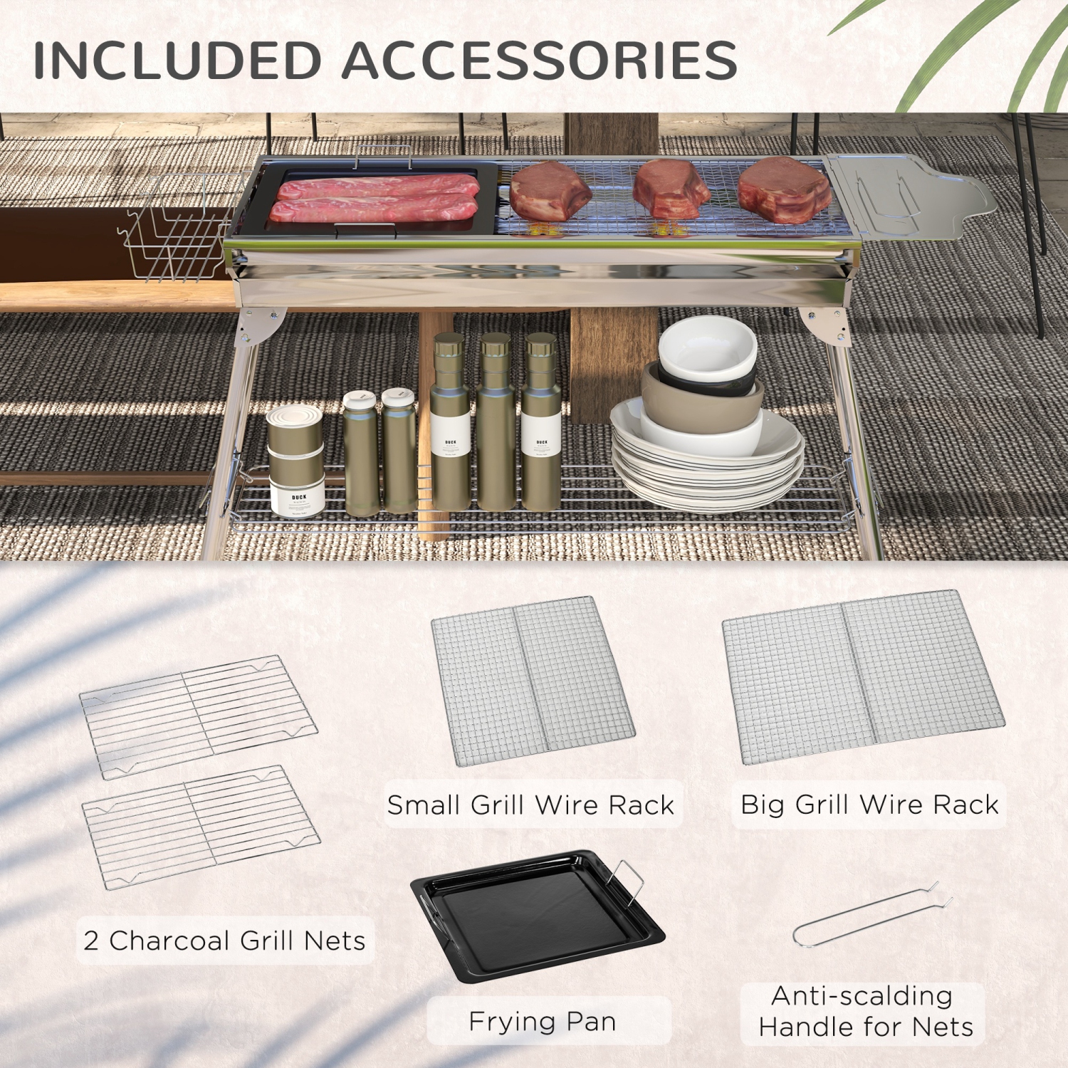 Outsunny Portable Outdoor Charcoal BBQ Grill, Stainless Steel Folding Barbecue Grill with Shelf, Side Basket and Pan for Cooking, Camping, Picnic,