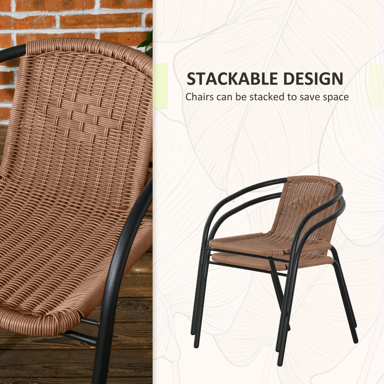 Ensemble de meubles de patio en osier de 3 pièces Outsunny, ensemble bistro en rotin avec table basse et chaises empilables, ensemble de détente