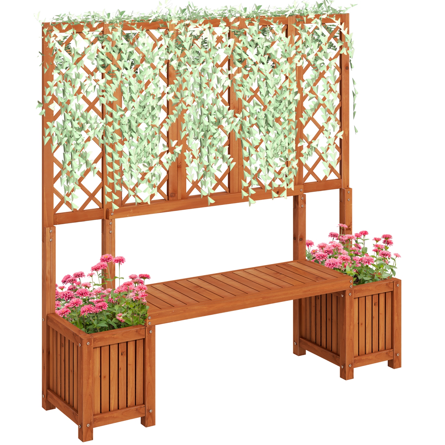 Outsunny Wood Garden Bench with Trellis for Climbing Plants and 2 Planter Boxes, Outdoor Planter with Bench and Privacy Screen for Backyard, Patio,