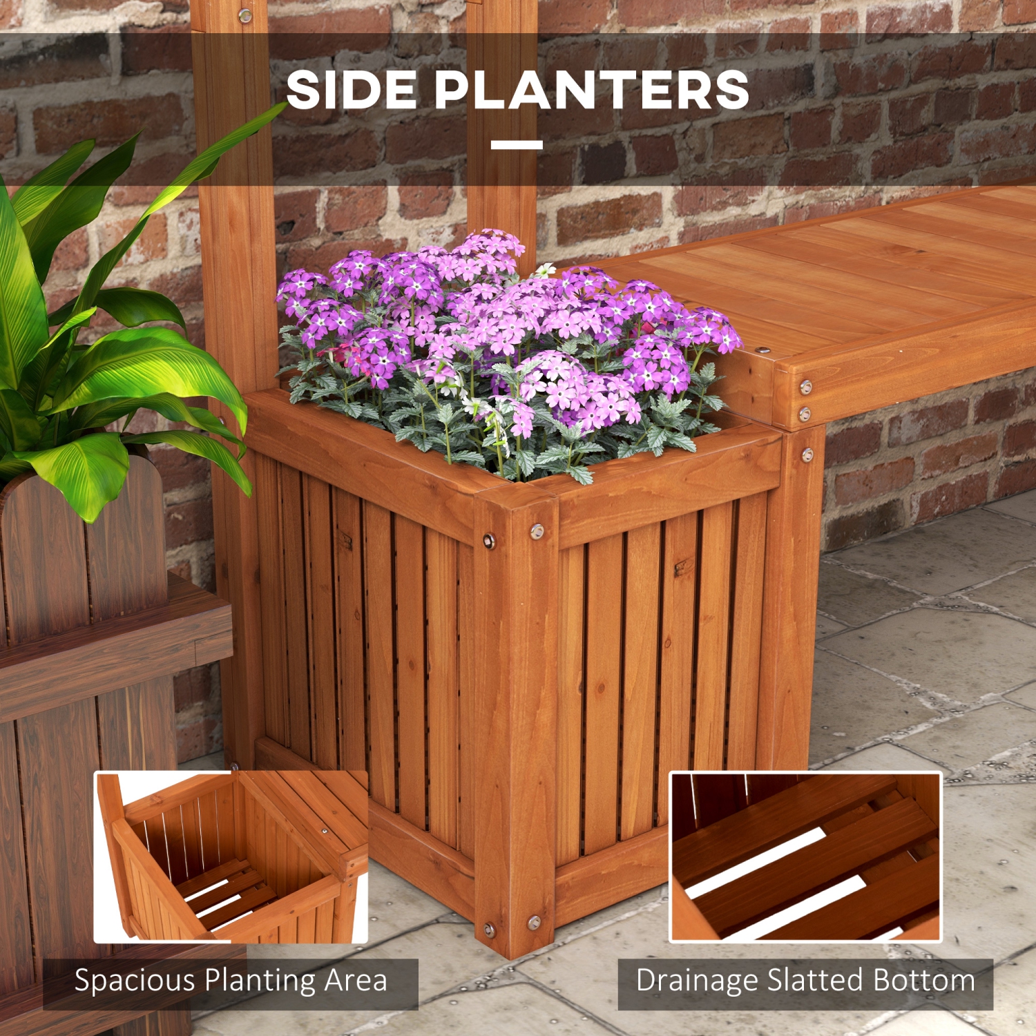 Outsunny Wood Garden Bench with Trellis for Climbing Plants and 2 Planter Boxes, Outdoor Planter with Bench and Privacy Screen for Backyard, Patio,