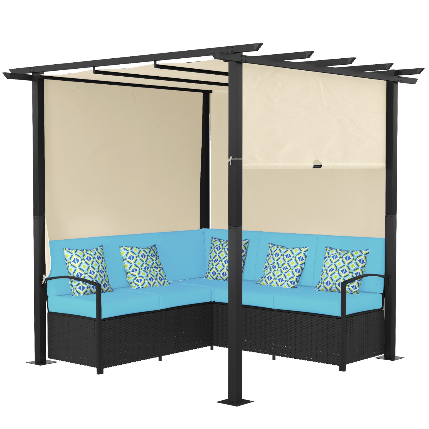 Outsunny Wicker Patio Furniture, Outdoor PE Rattan Sofa Set with Retractable Canopy Pergola, Shade Shelter for Deck, Pool, Garden, Terrace, Turquoise