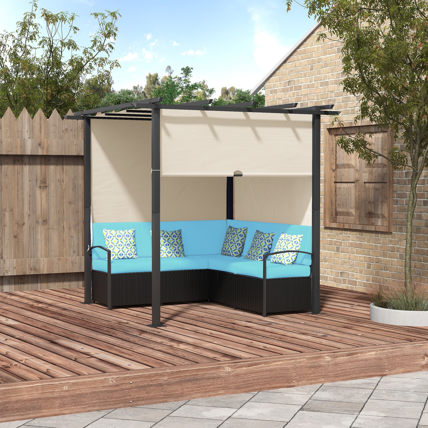 Outsunny Wicker Patio Furniture, Outdoor PE Rattan Sofa Set with Retractable Canopy Pergola, Shade Shelter for Deck, Pool, Garden, Terrace, Turquoise