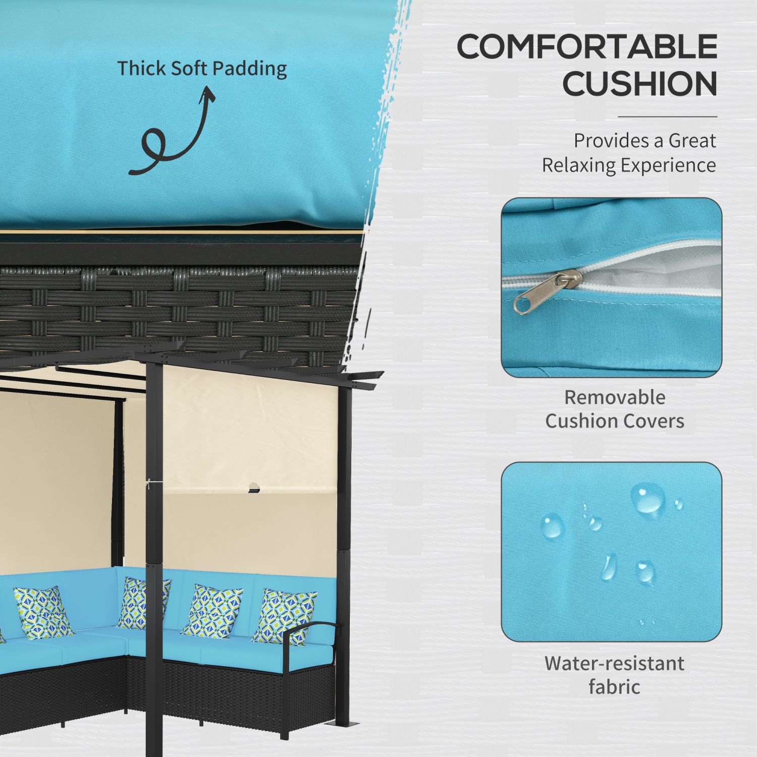 Outsunny Wicker Patio Furniture, Outdoor PE Rattan Sofa Set with Retractable Canopy Pergola, Shade Shelter for Deck, Pool, Garden, Terrace, Turquoise