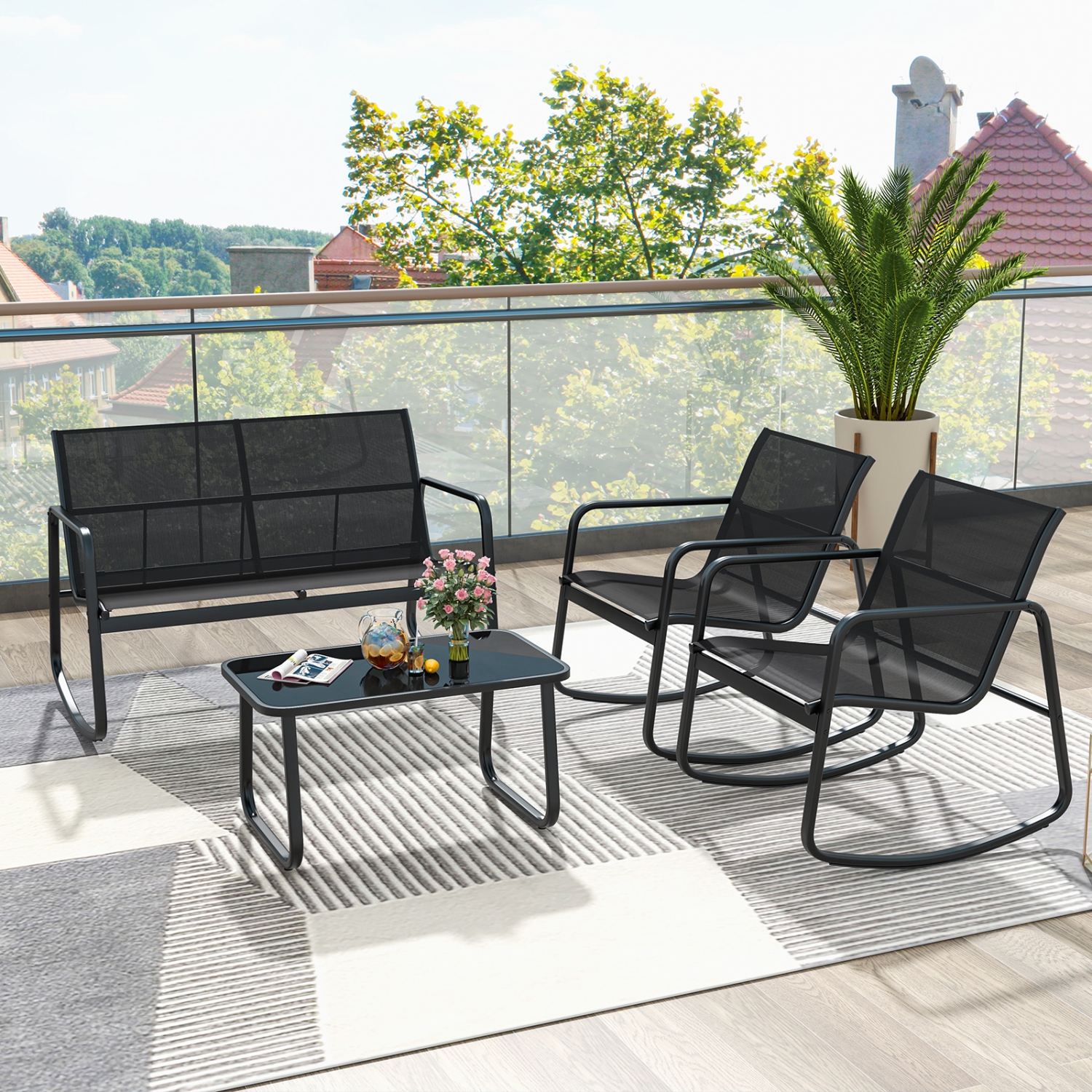 Ensemble patio 2 chaises berçants et causeuse avec table d'extérieur à surface en verre de Costway 4 PCS