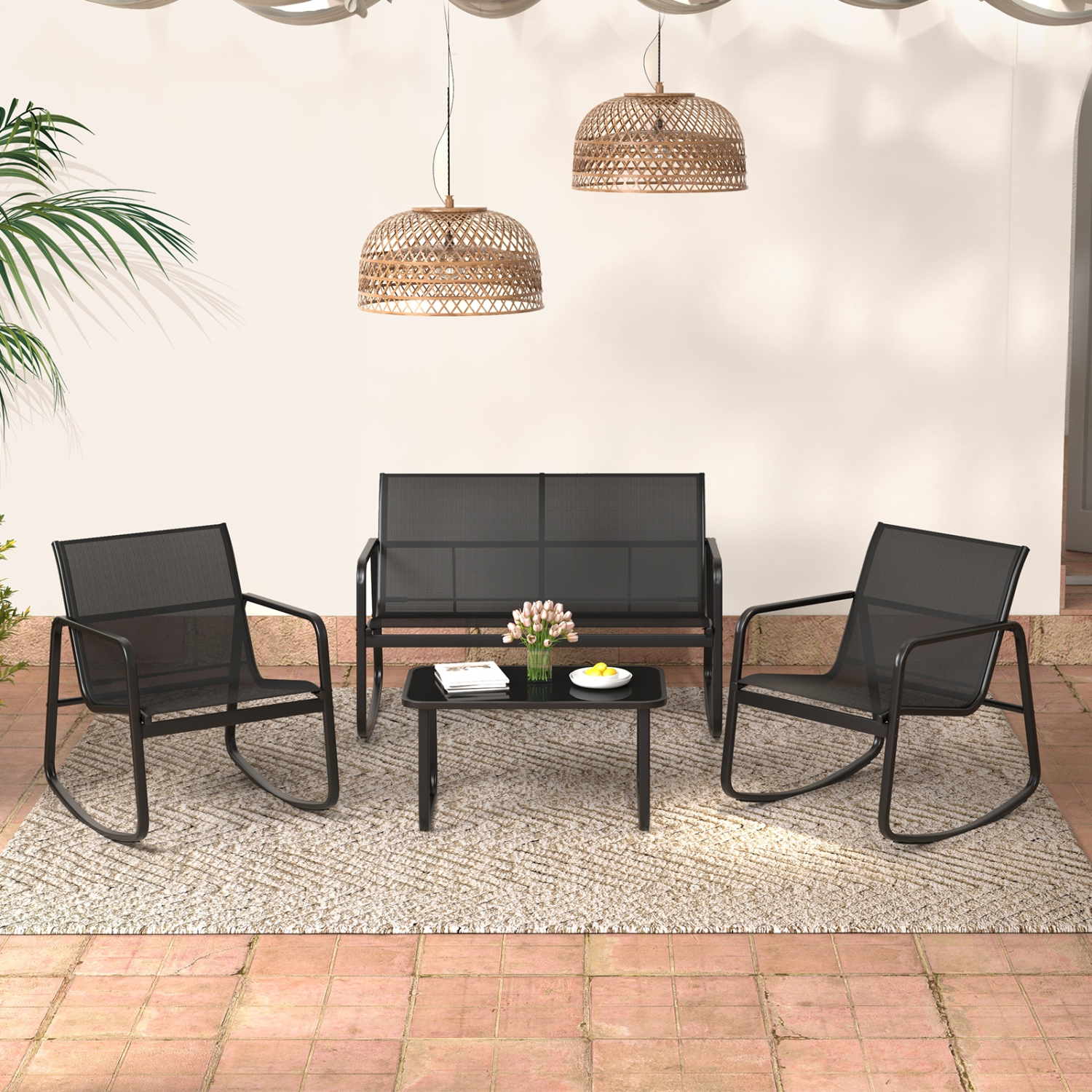 Ensemble patio 2 chaises berçants et causeuse avec table d'extérieur à surface en verre de Costway 4 PCS