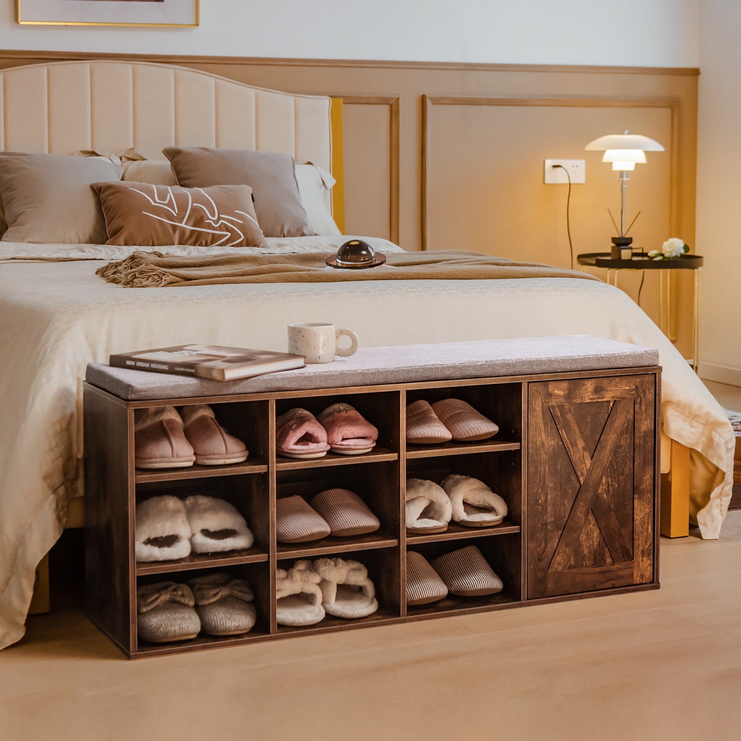 Costway Shoe Bench w/Padded Cushion 9-cube Adjustable Storage Shoe Rack Rustic Brown