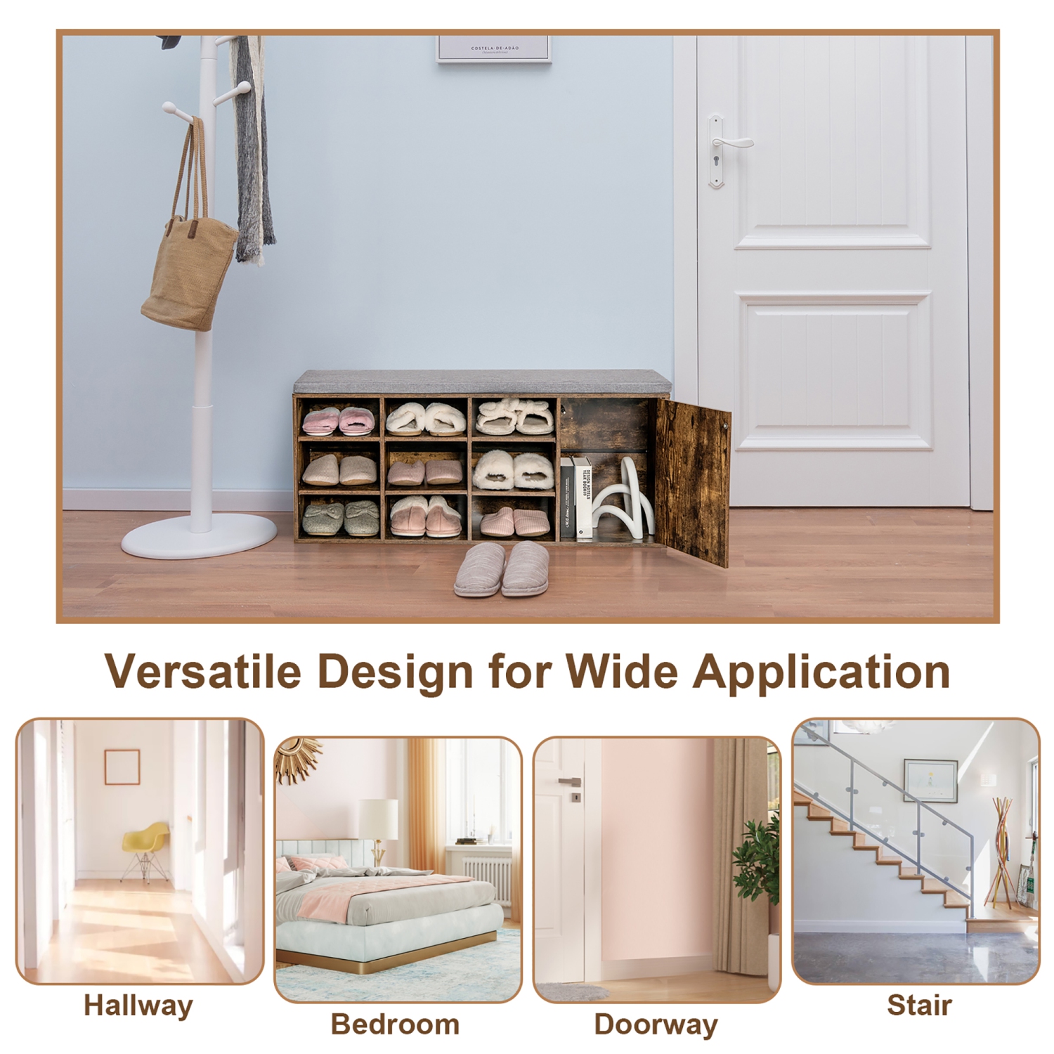 Costway Shoe Bench w/Padded Cushion 9-cube Adjustable Storage Shoe Rack Rustic Brown