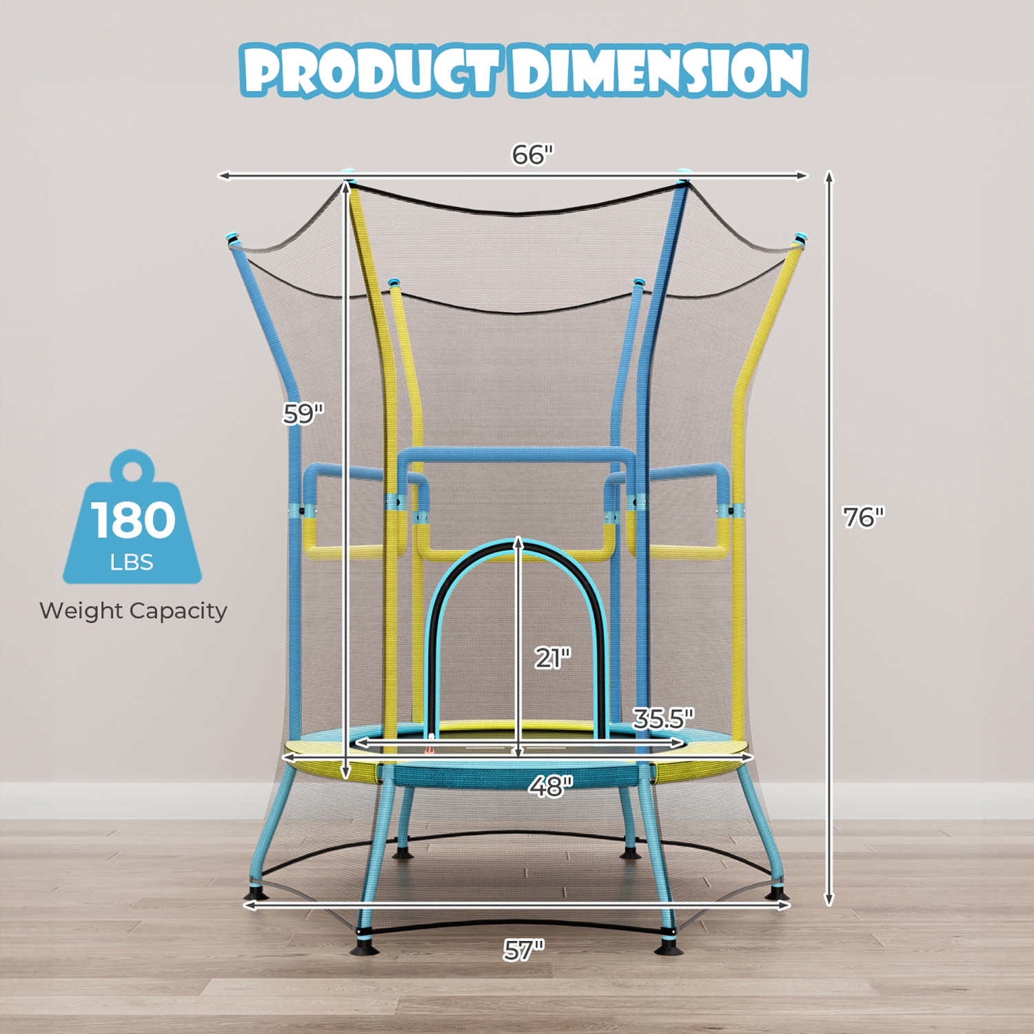 Gymax Kids Mini Trampoline w/ 59'' Higher Enclosure Net Seamless Jumping Mat Zipper Door Yellow & Blue