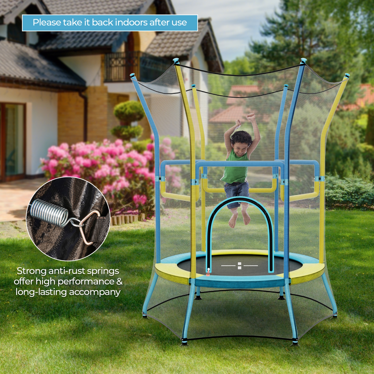 Gymax Kids Mini Trampoline w/ 59'' Higher Enclosure Net Seamless Jumping Mat Zipper Door Yellow & Blue