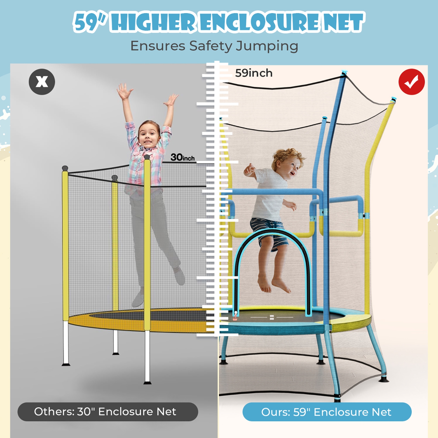 Gymax Kids Mini Trampoline w/ 59'' Higher Enclosure Net Seamless Jumping Mat Zipper Door Yellow & Blue