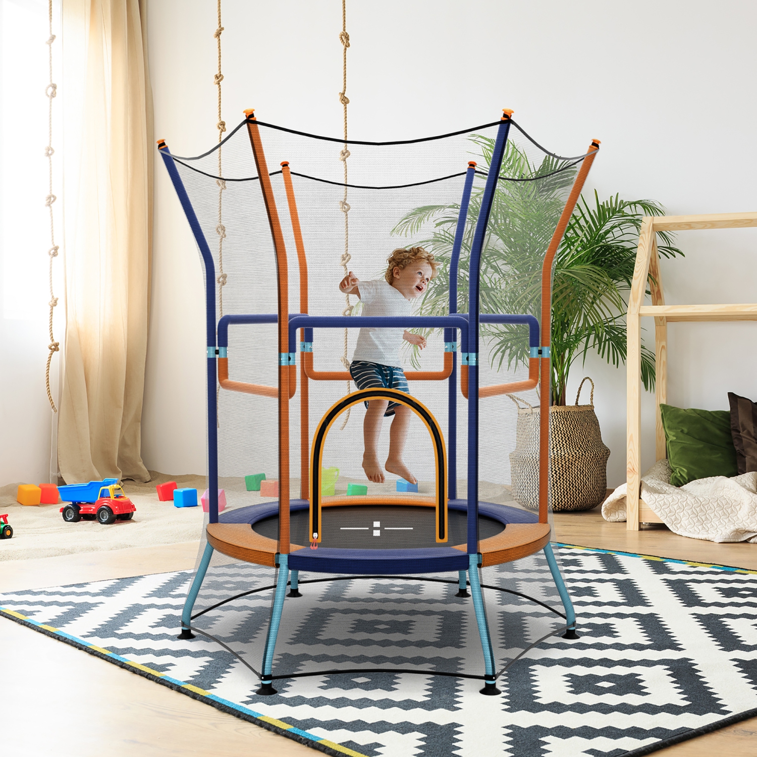 Gymax Kids Mini Trampoline w/ 59'' Higher Enclosure Net Seamless Jumping Mat Zipper Door Orange & Blue