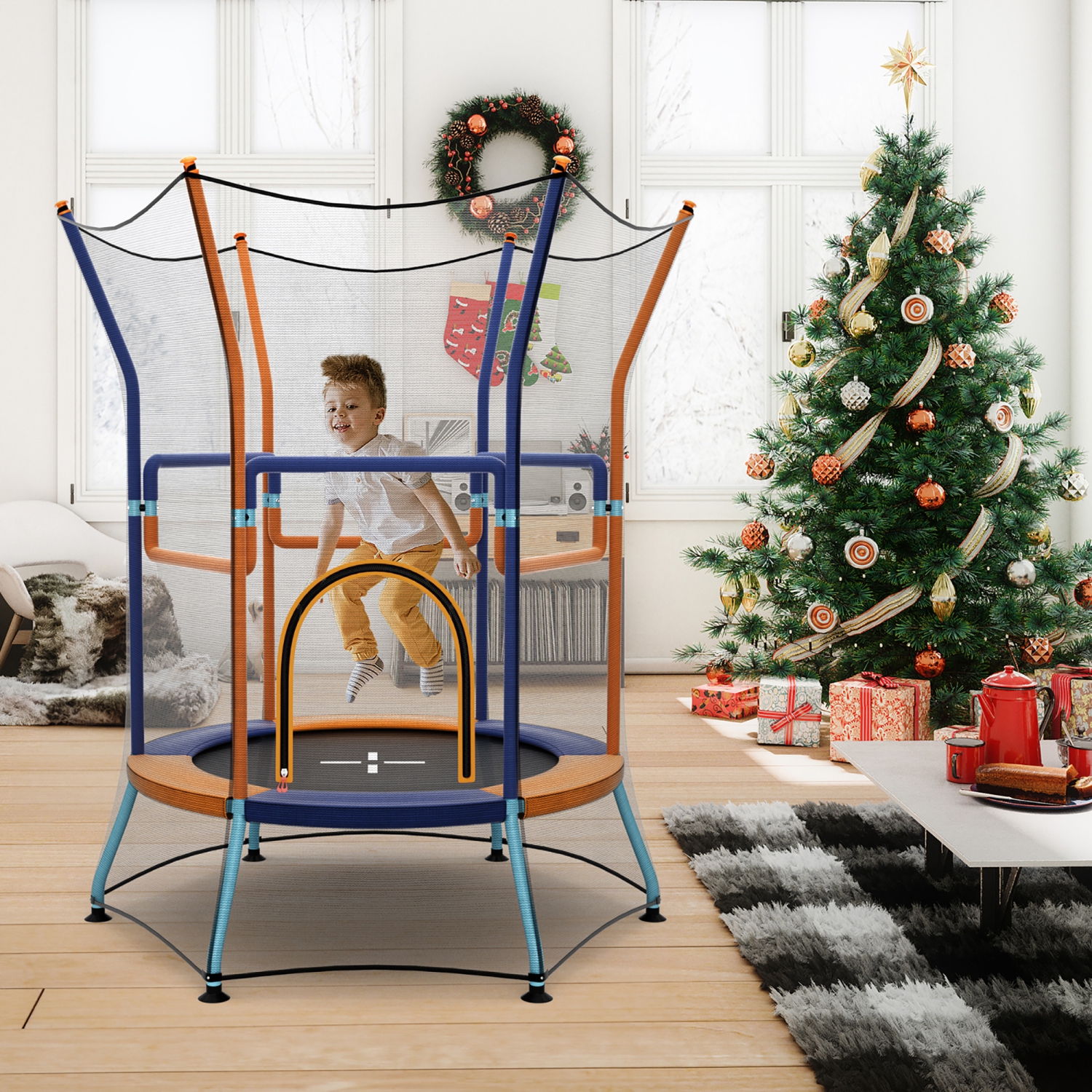 Gymax Kids Mini Trampoline w/ 59'' Higher Enclosure Net Seamless Jumping Mat Zipper Door Orange & Blue