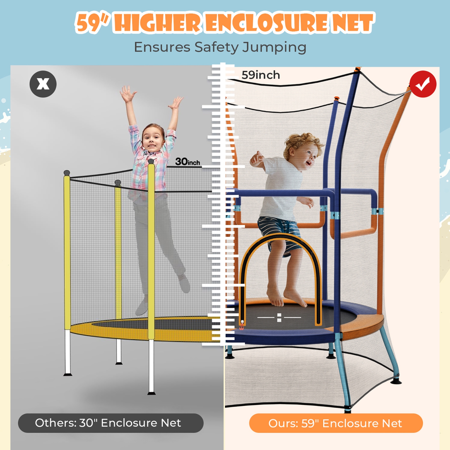 Gymax Kids Mini Trampoline w/ 59'' Higher Enclosure Net Seamless Jumping Mat Zipper Door Orange & Blue