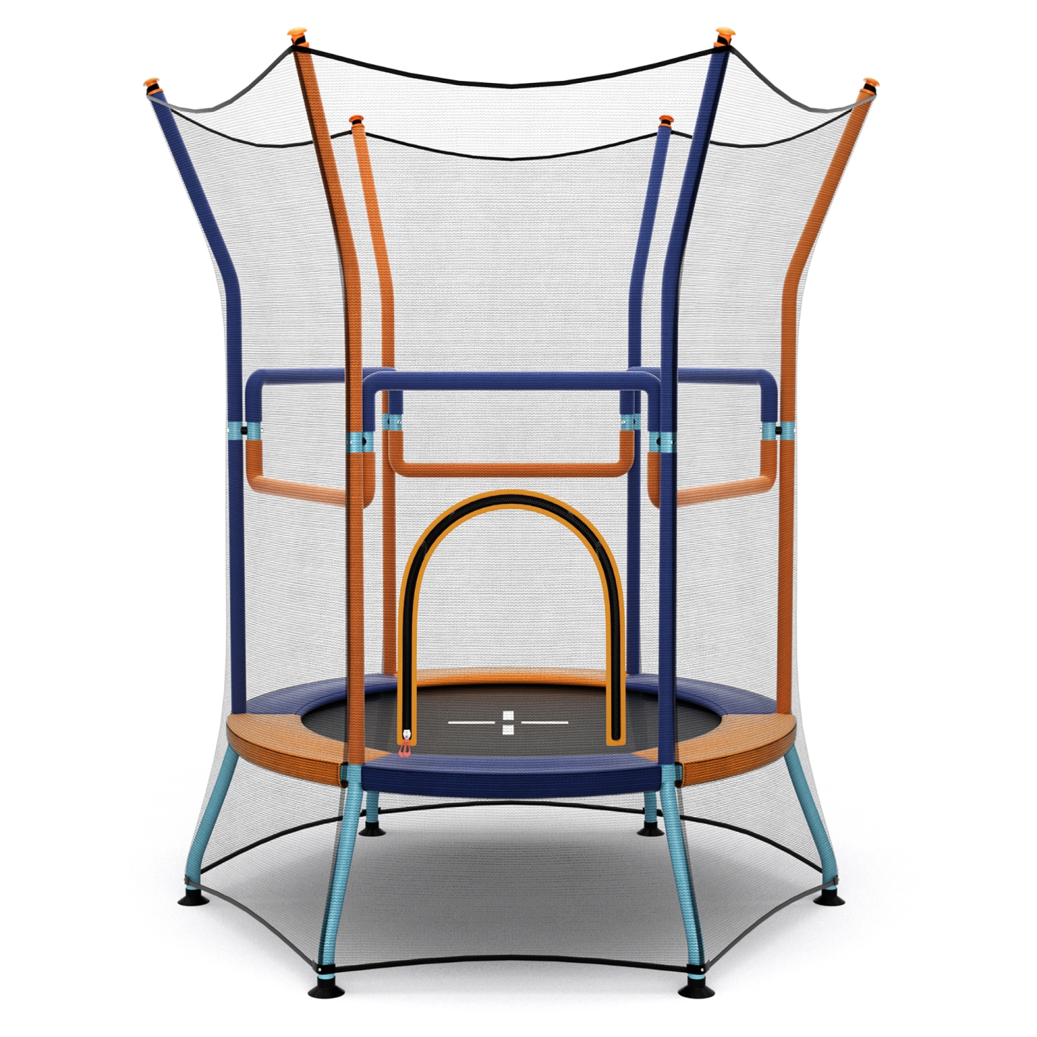 Gymax Kids Mini Trampoline w/ 59'' Higher Enclosure Net Seamless Jumping Mat Zipper Door Orange & Blue
