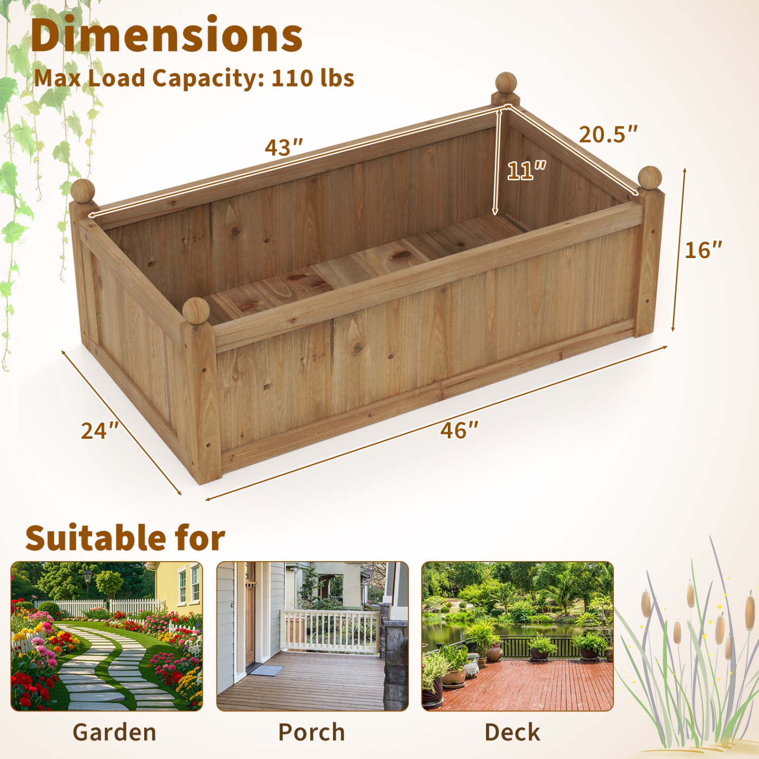 Gymax Raised Garden Bed 46'' x 24'' x 16'' Planter Box w/ 4 Drainage Holes for Patio