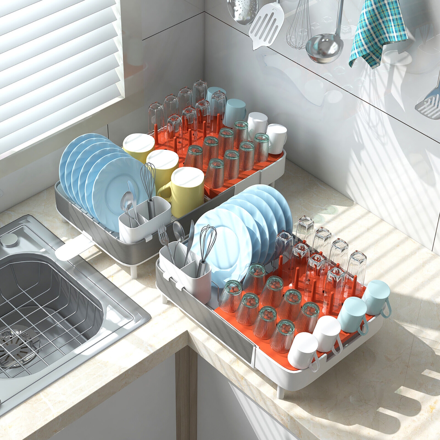 Gymax Expandable Dish Drying Rack Drainer w/ Detachable Utensil Holder & Vertical Bars
