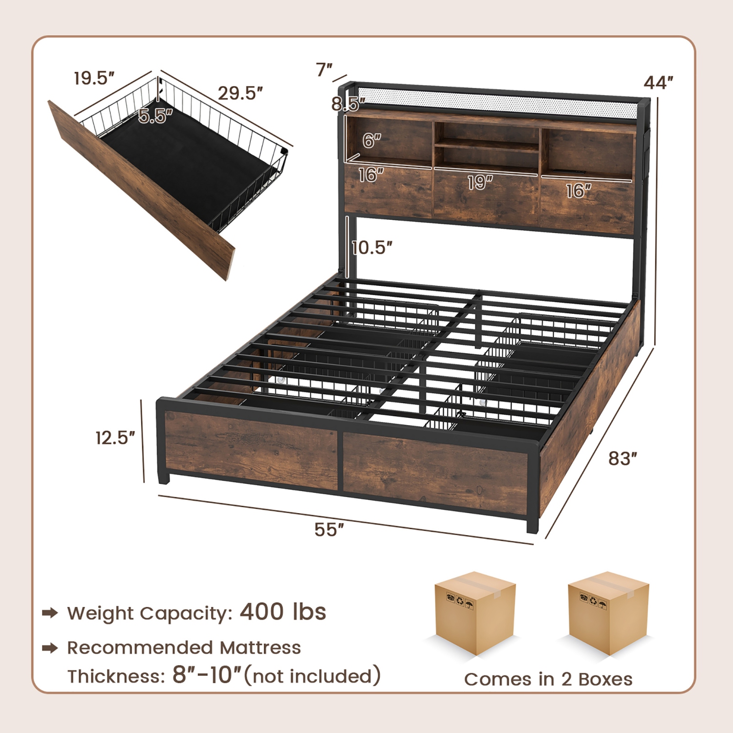 Gymax Full Size Bed Frame w/ Bookcase Headboard & 4 Storage Drawers Vintage Brown